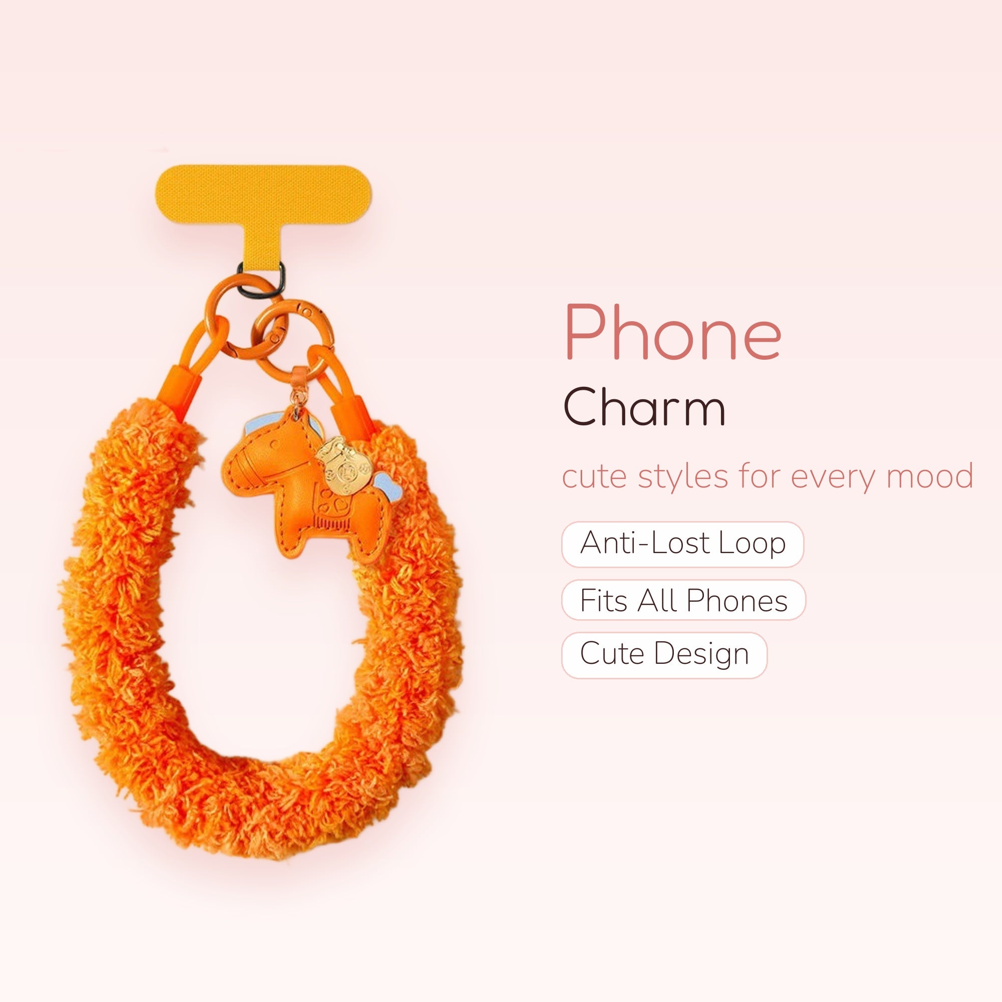 Fluffy Orange Horse Phone Charm Strap | Cute Plush Wrist Lanyard with Lucky Charm
