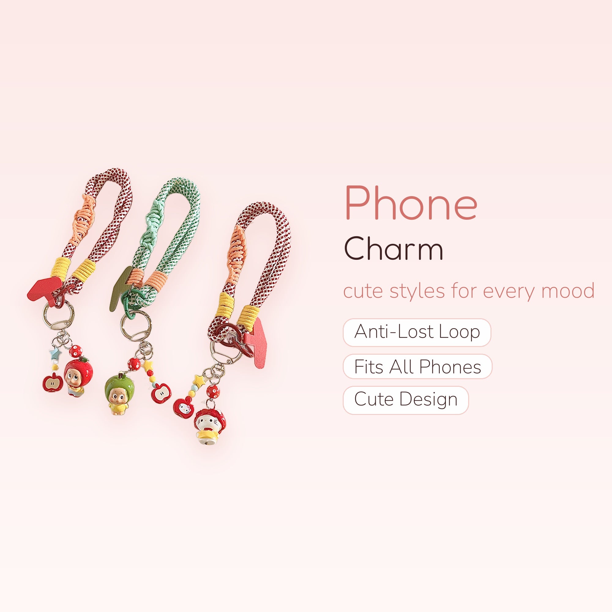 Kawaii Braided Rope Phone Charm Lanyard | Cute Fruit & Animal Character Wrist Strap