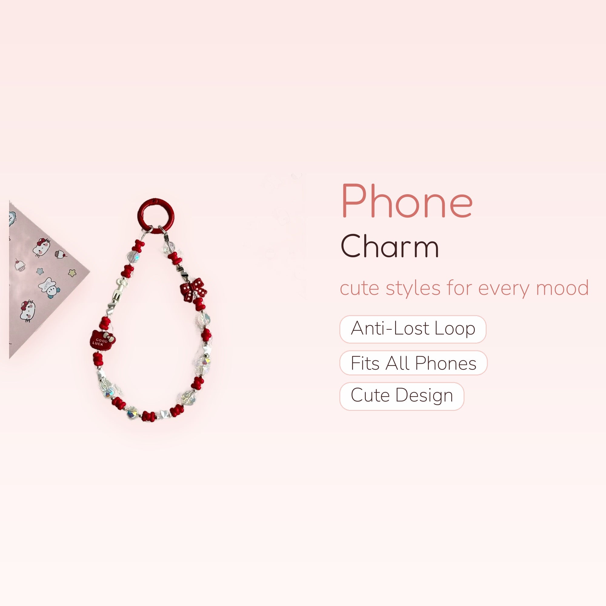 Kawaii Red Hello Kitty Beaded Phone Charm | Cute Good Luck Wrist Strap