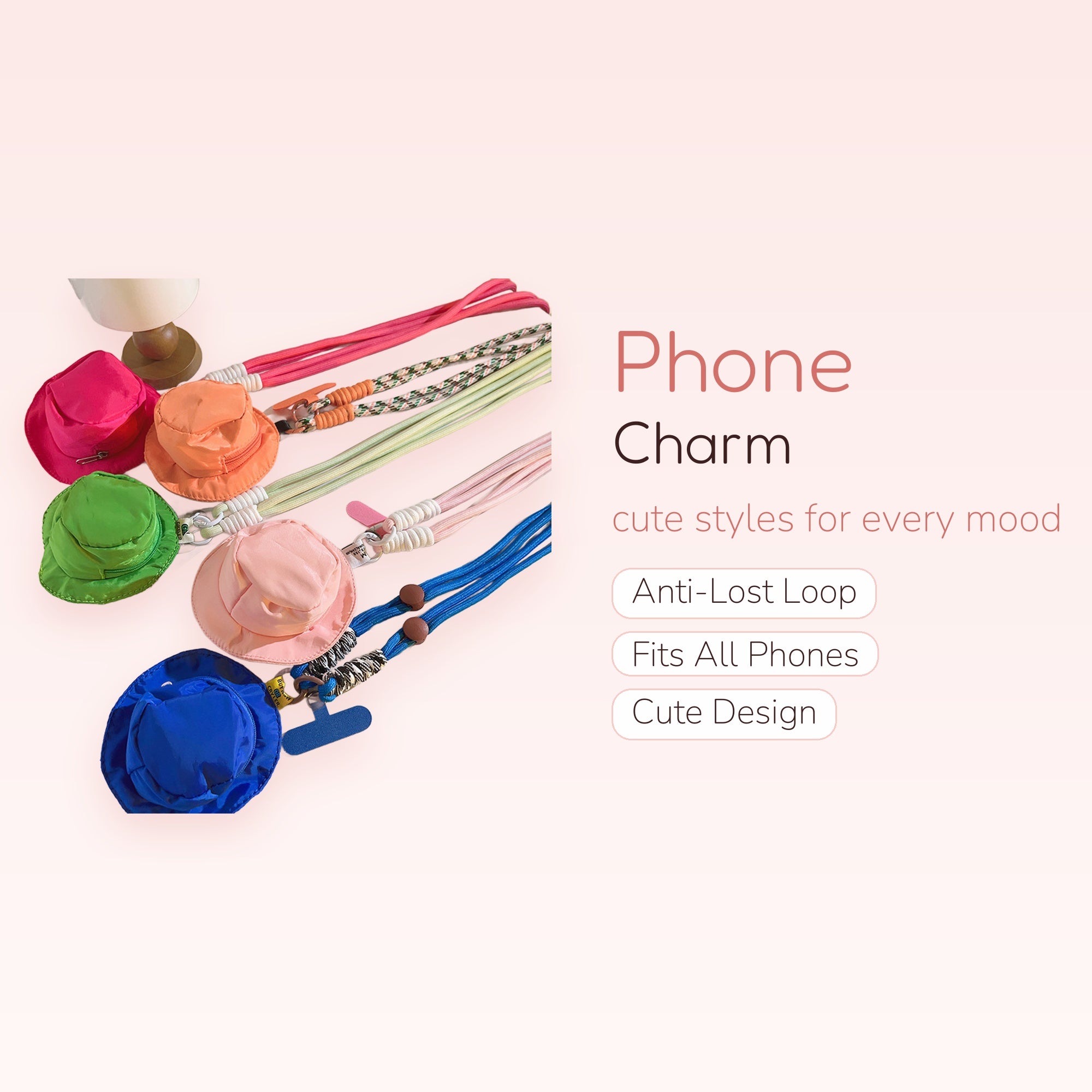 Cute Bucket Hat Phone Charm Lanyard | Colorful Adjustable Neck Strap