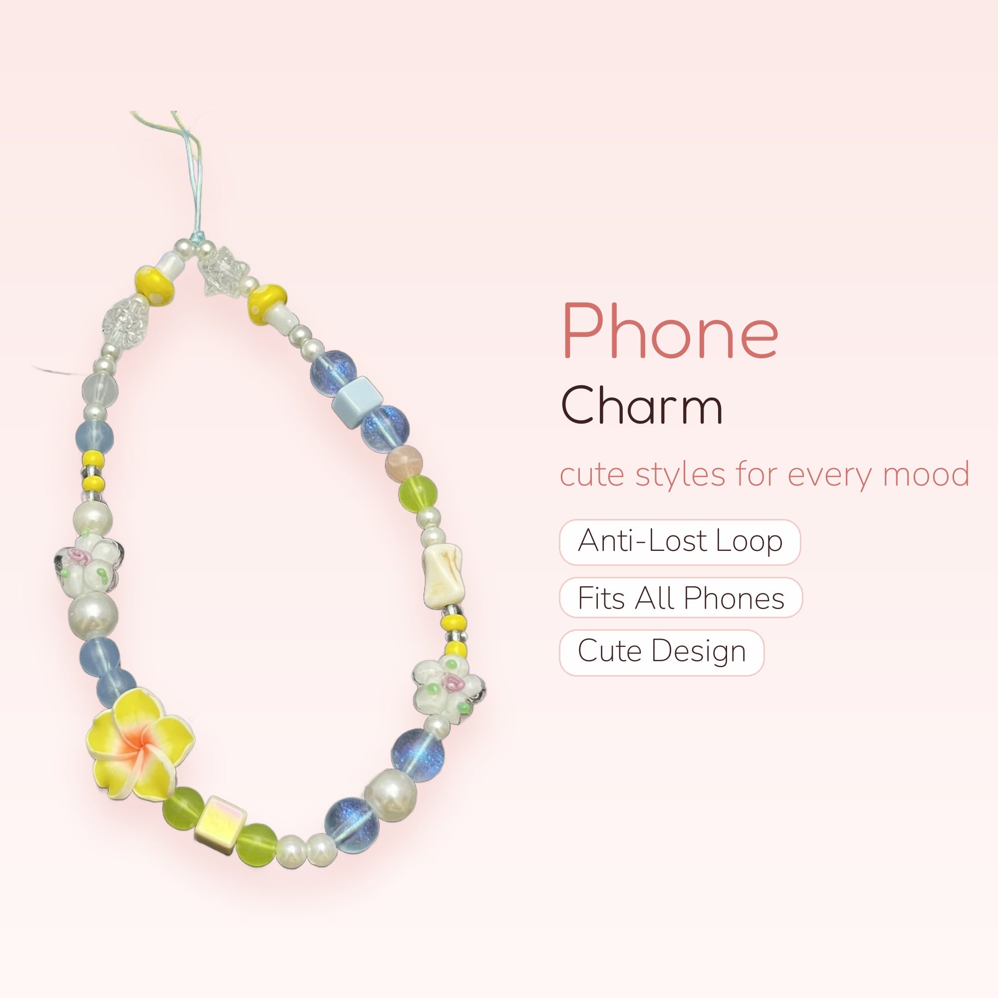 Pastel Beaded Phone Charm Strap | Kawaii Mushroom & Flower Wrist Lanyard