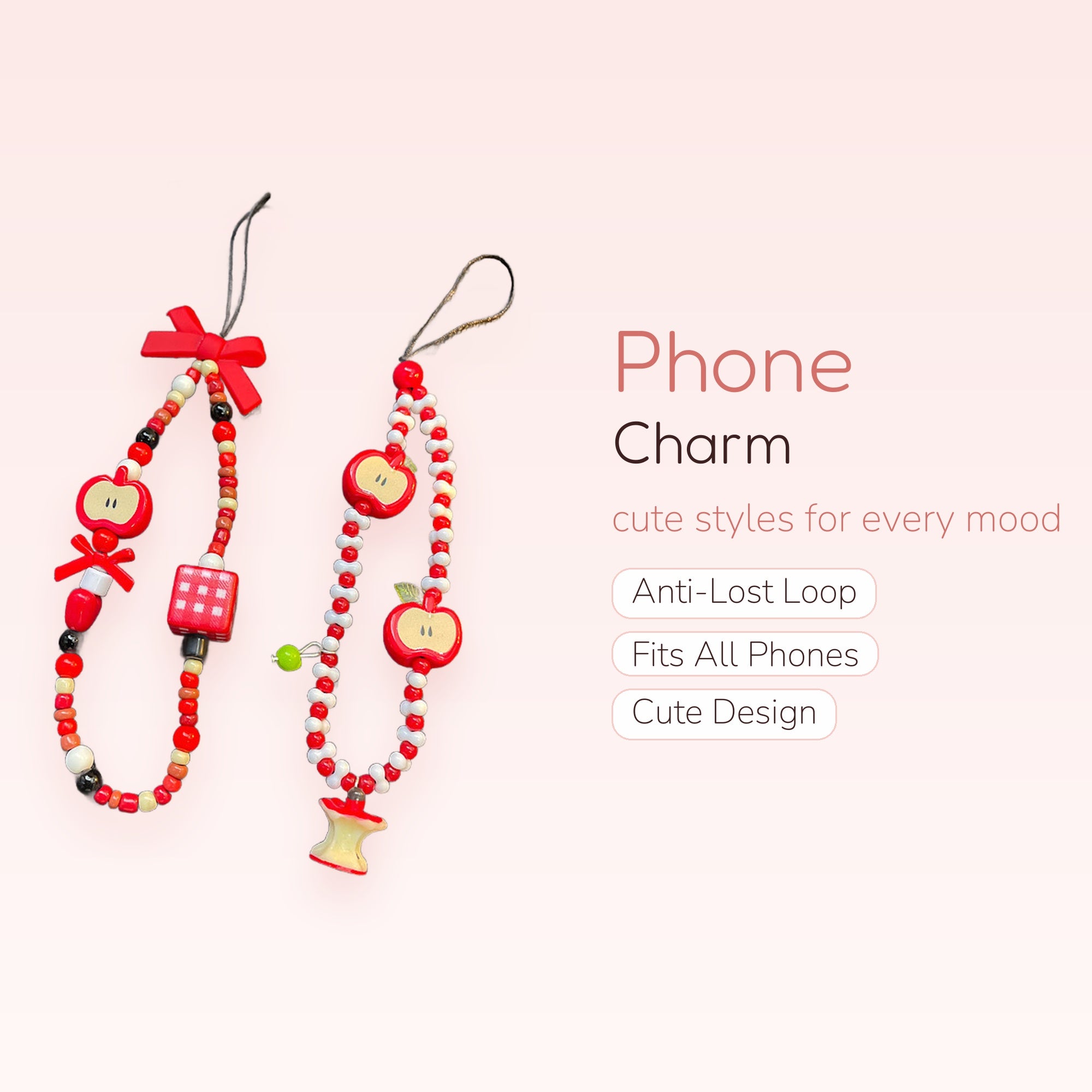 Cute Red Apple & Dice Beaded Phone Charm Strap | Kawaii Fruit Wrist Lanyard
