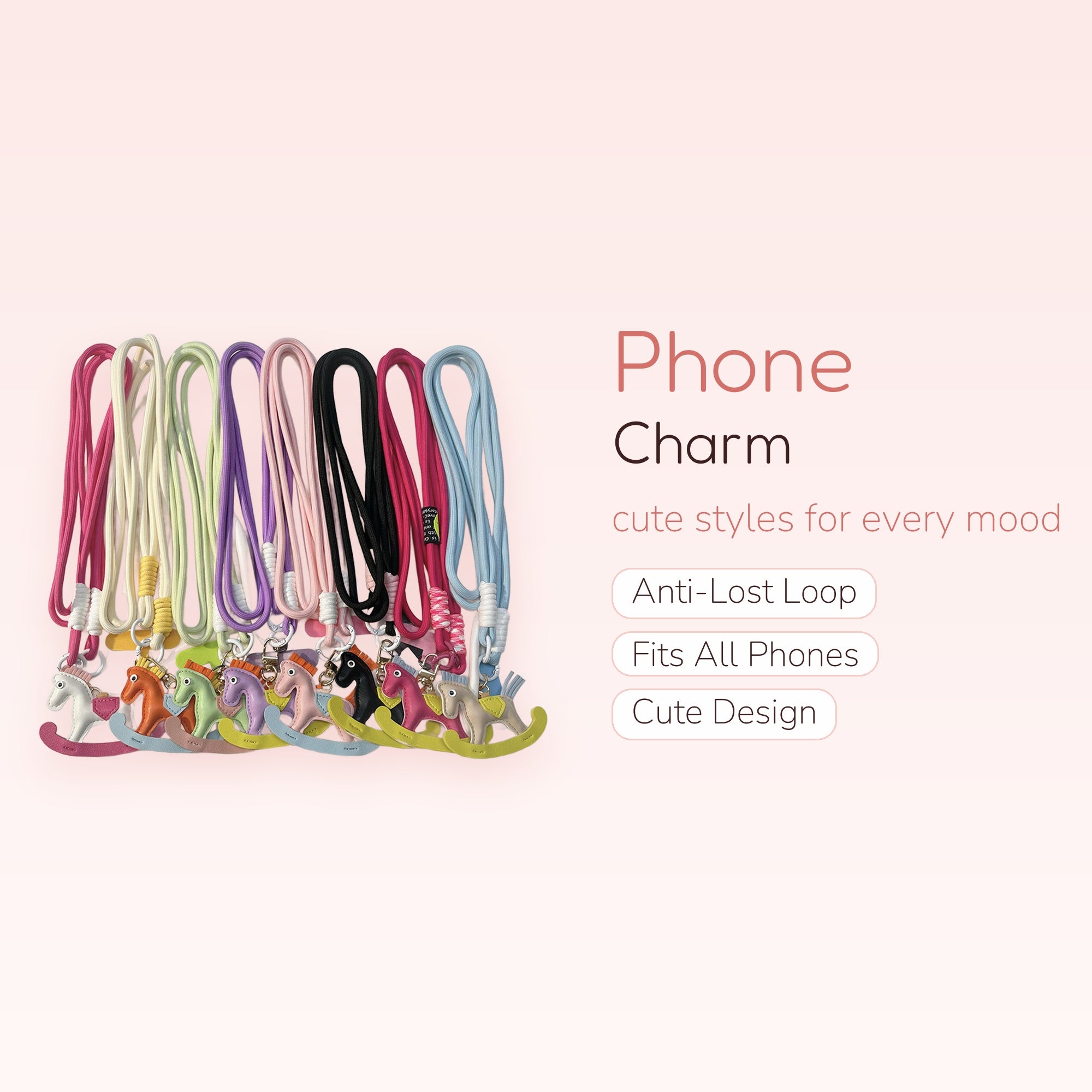 Kawaii Rocking Horse Phone Lanyard | Pastel Rope Strap with Cute Charms