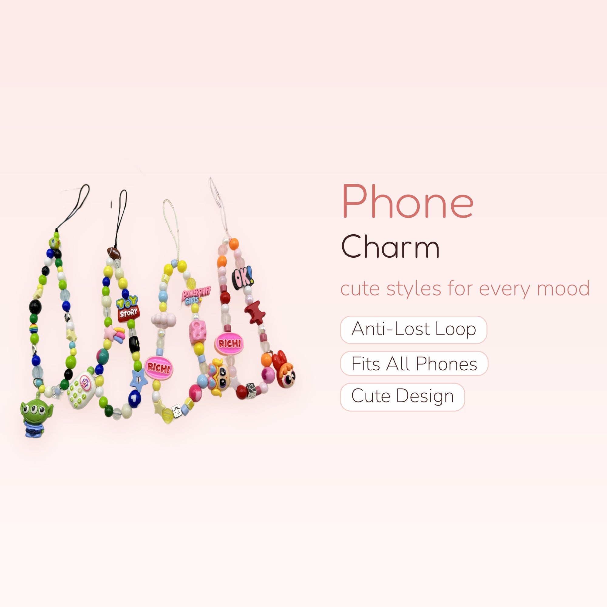Kawaii Beaded Phone Charms | Y2K Aesthetic Wrist Straps with Cartoon Pendants