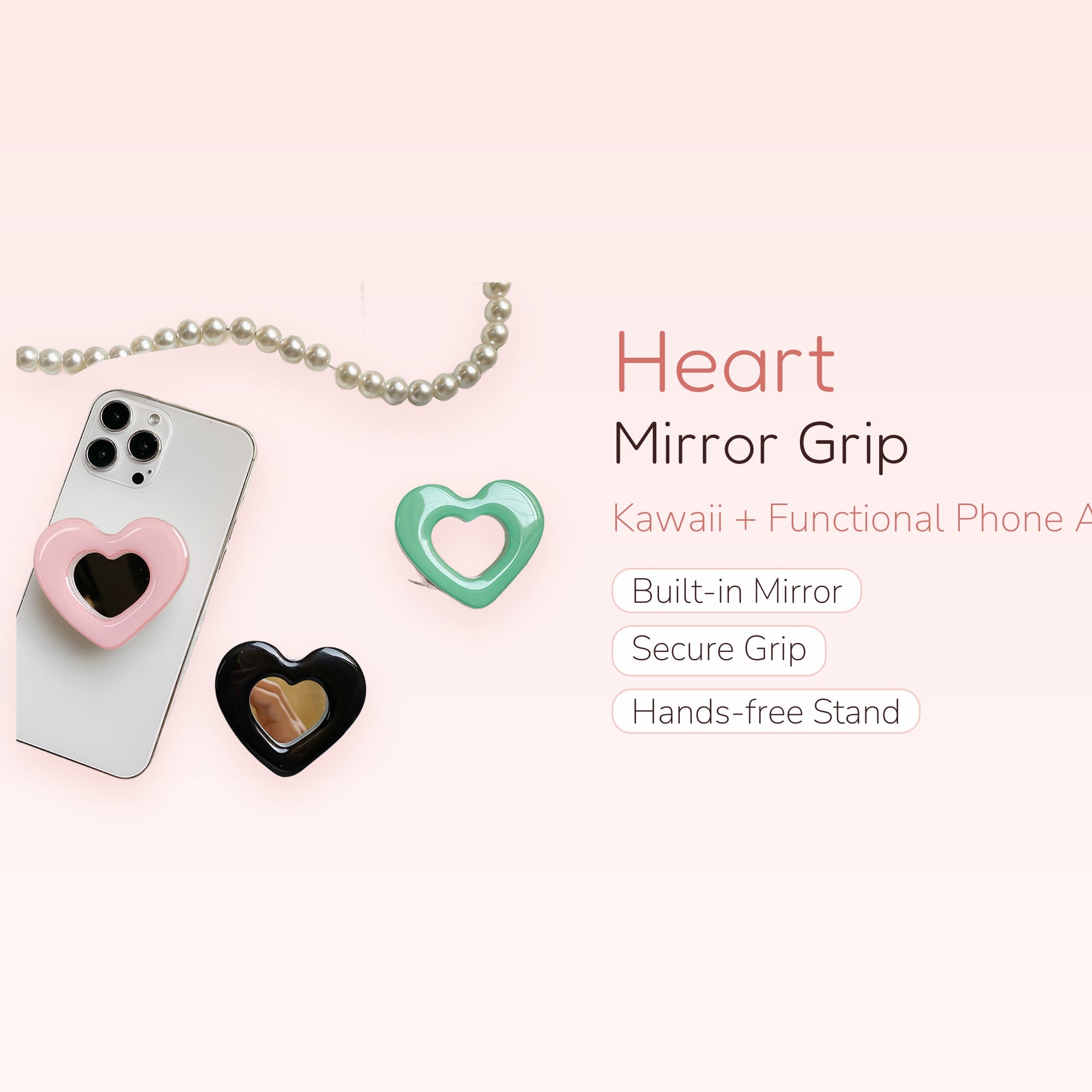 Cute Heart Mirror Phone Grip Stand | Kawaii Pop Socket Holder