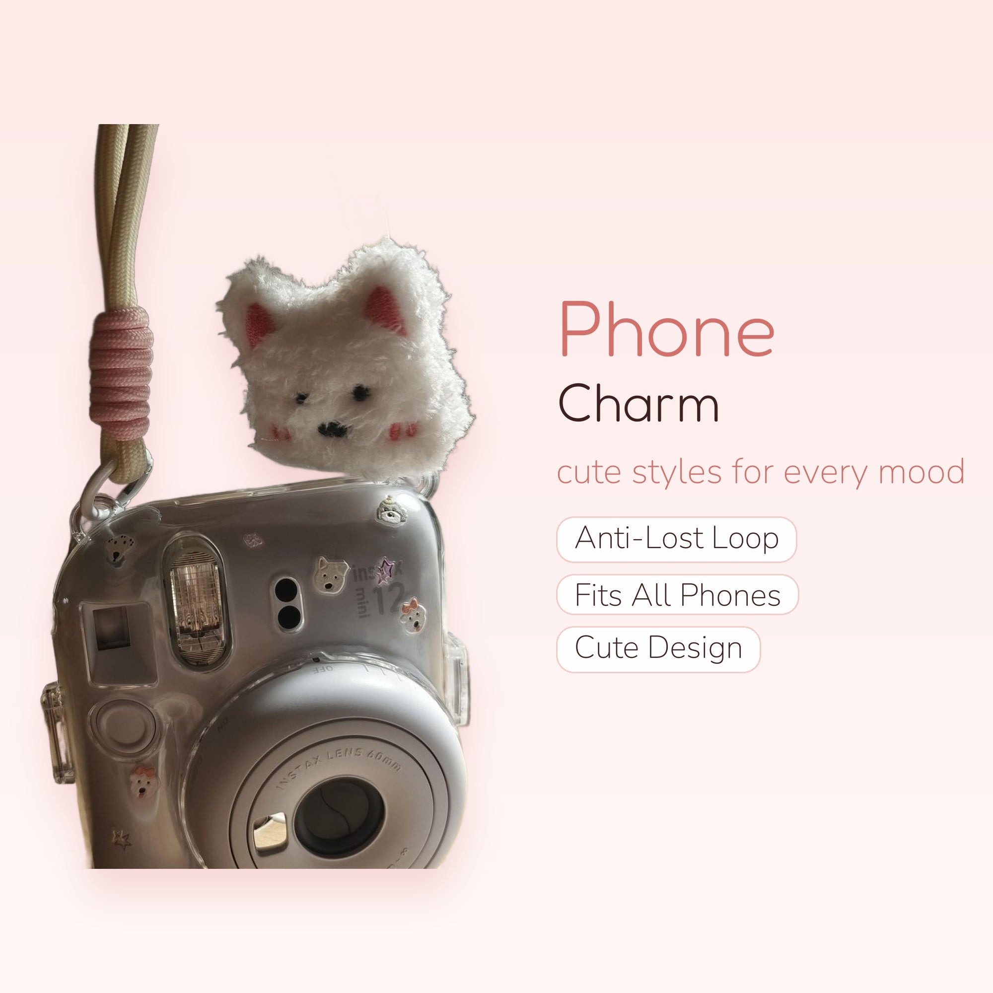 Kawaii Fluffy White Puppy Phone Charm | Cute Plushie Lanyard Strap