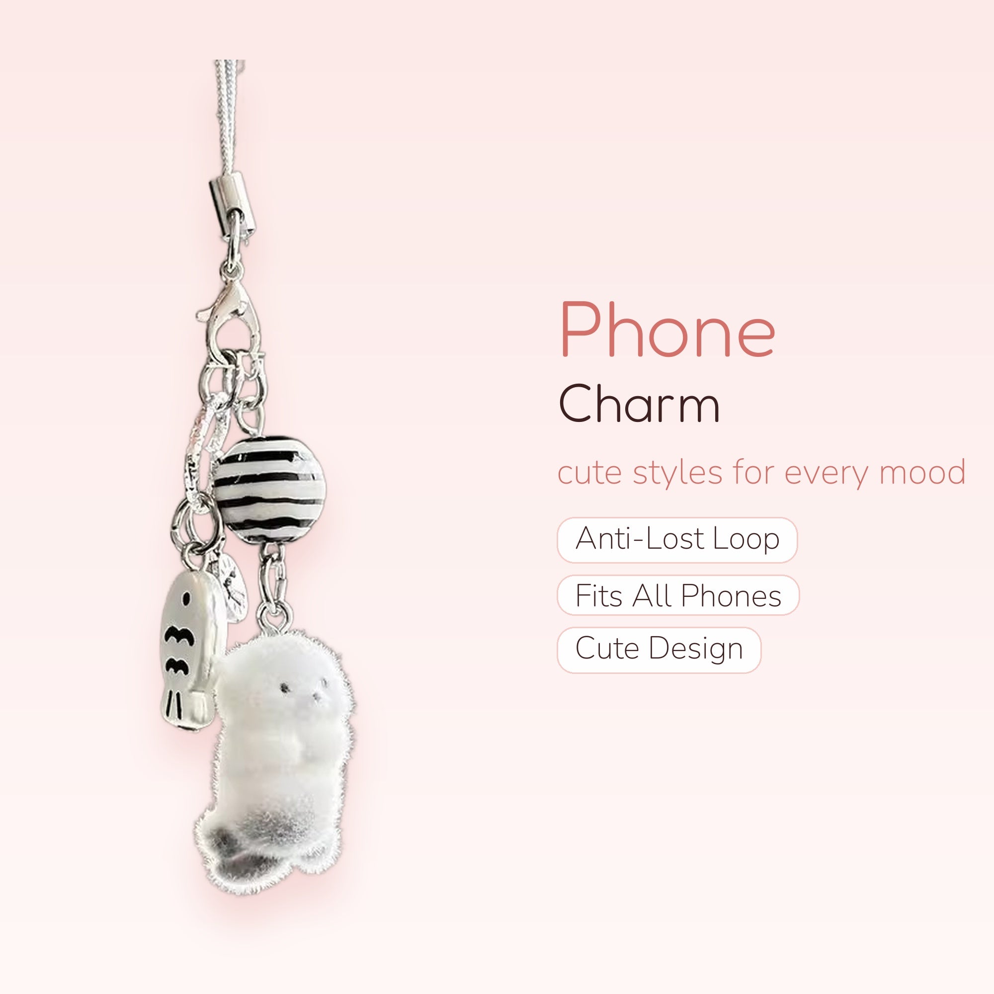 Cute Fluffy Seal & Fish Phone Charm | Black & White Striped Bead Keychain