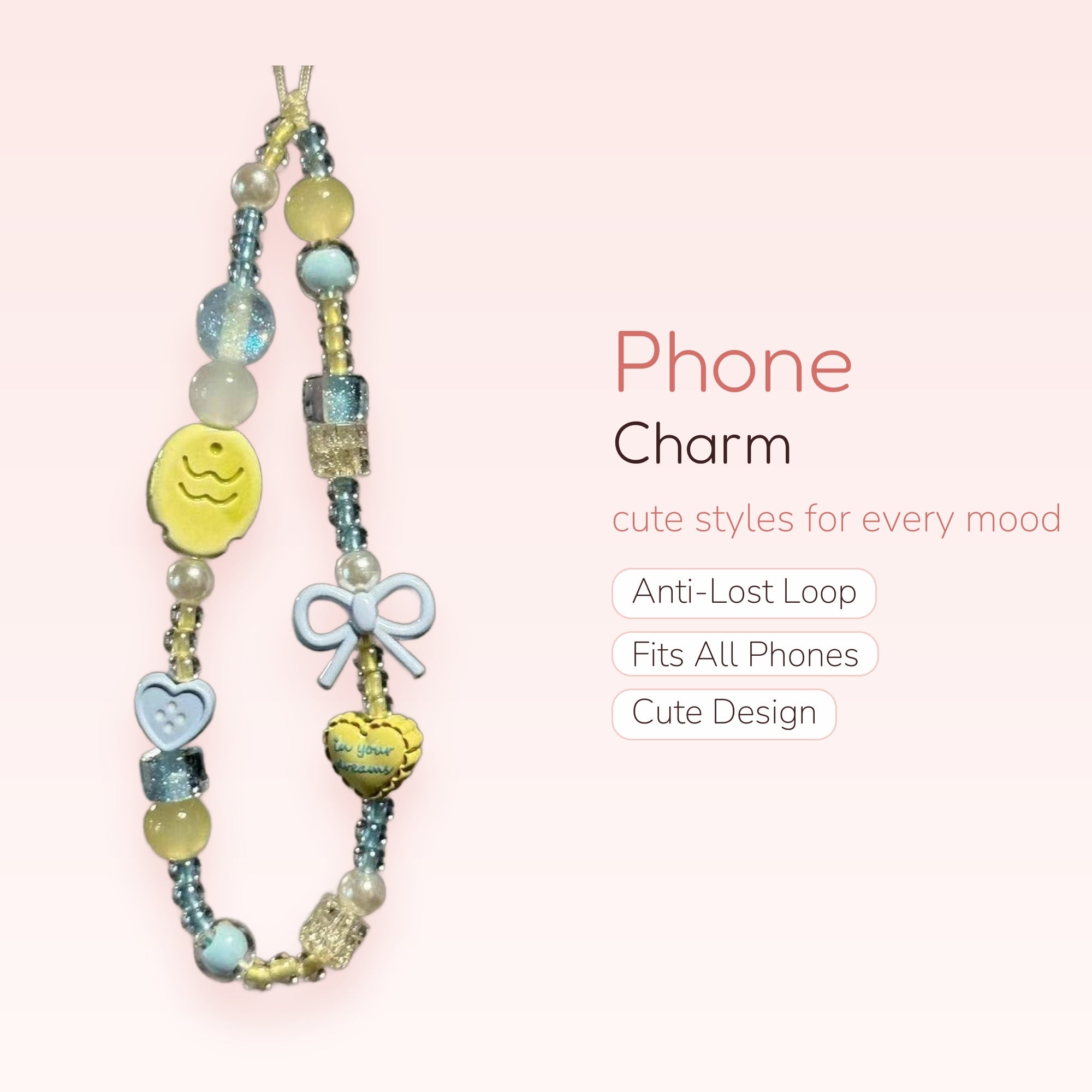 Pastel Yellow & Blue Beaded Phone Charm | Kawaii Bow & Heart Wrist Strap