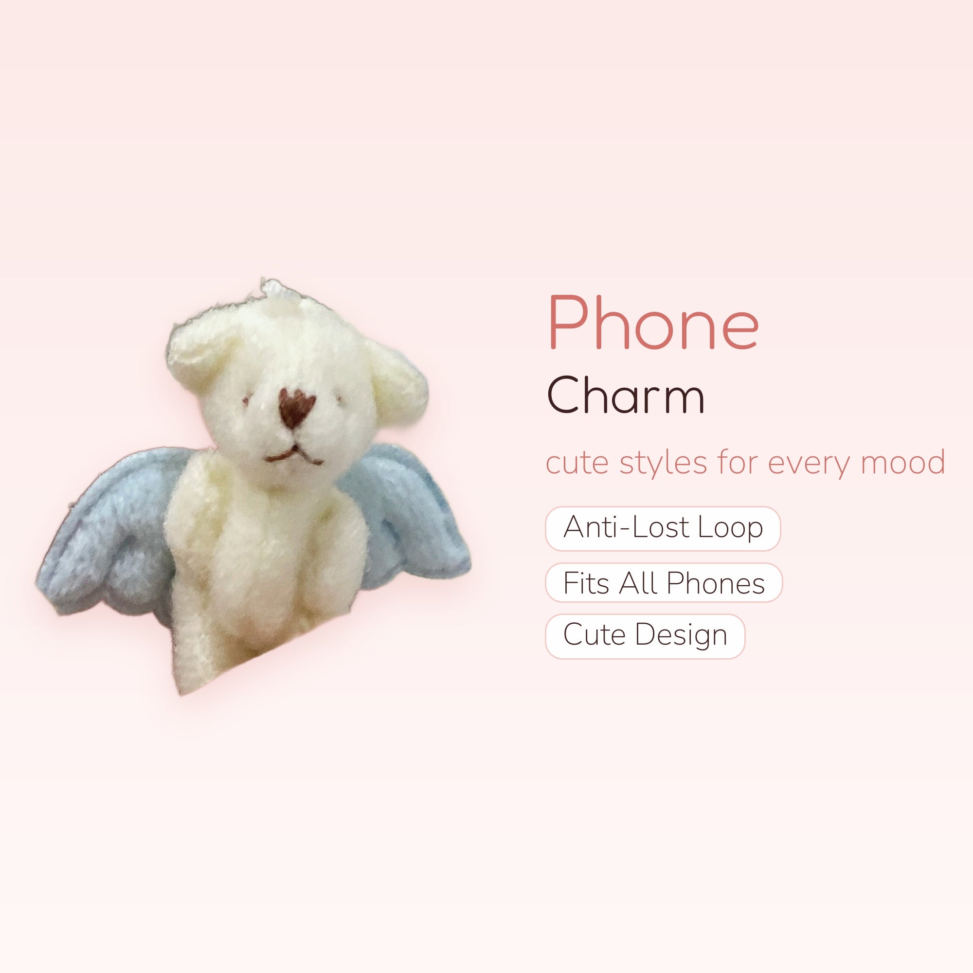 Cute White Angel Bear Phone Charm | Kawaii Fluffy Bear Wrist Lanyard