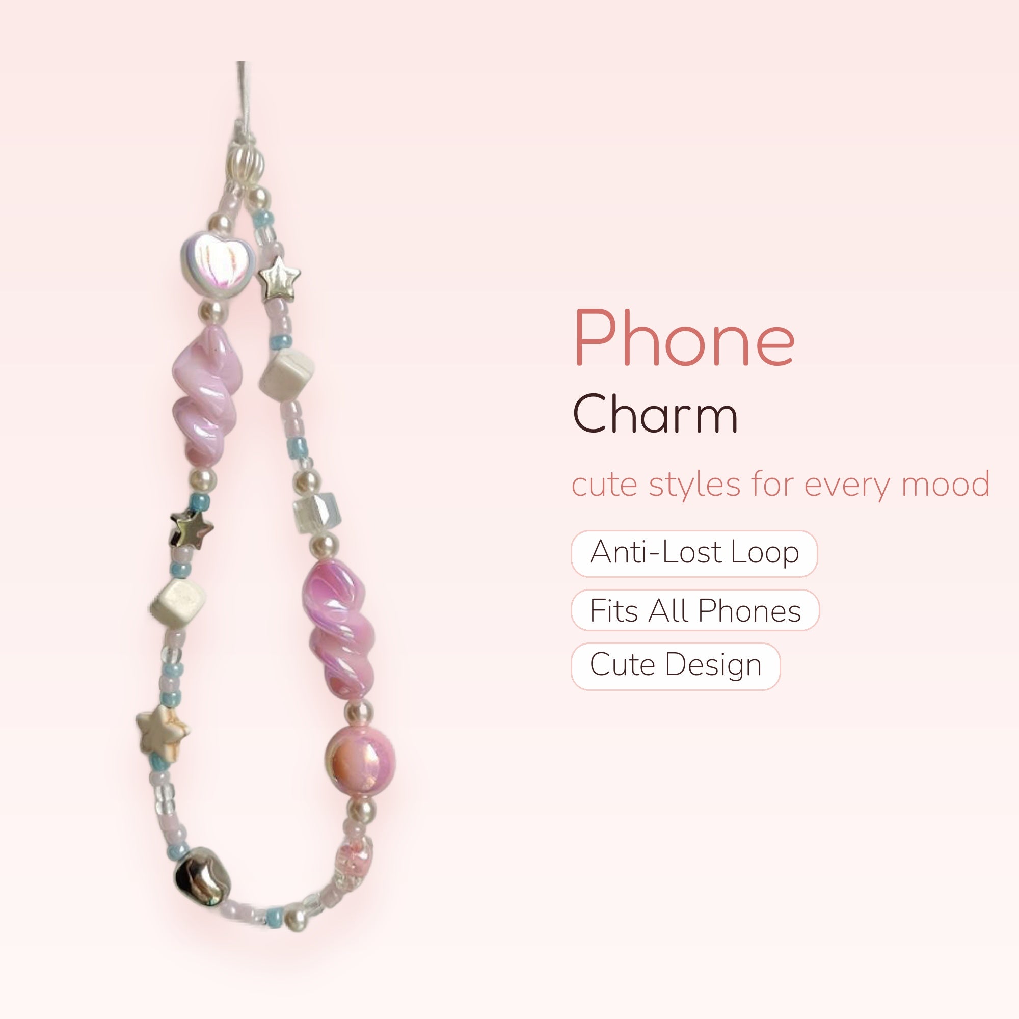 Pastel Pink & Blue Beaded Phone Charm | Iridescent Heart & Star Wrist Strap