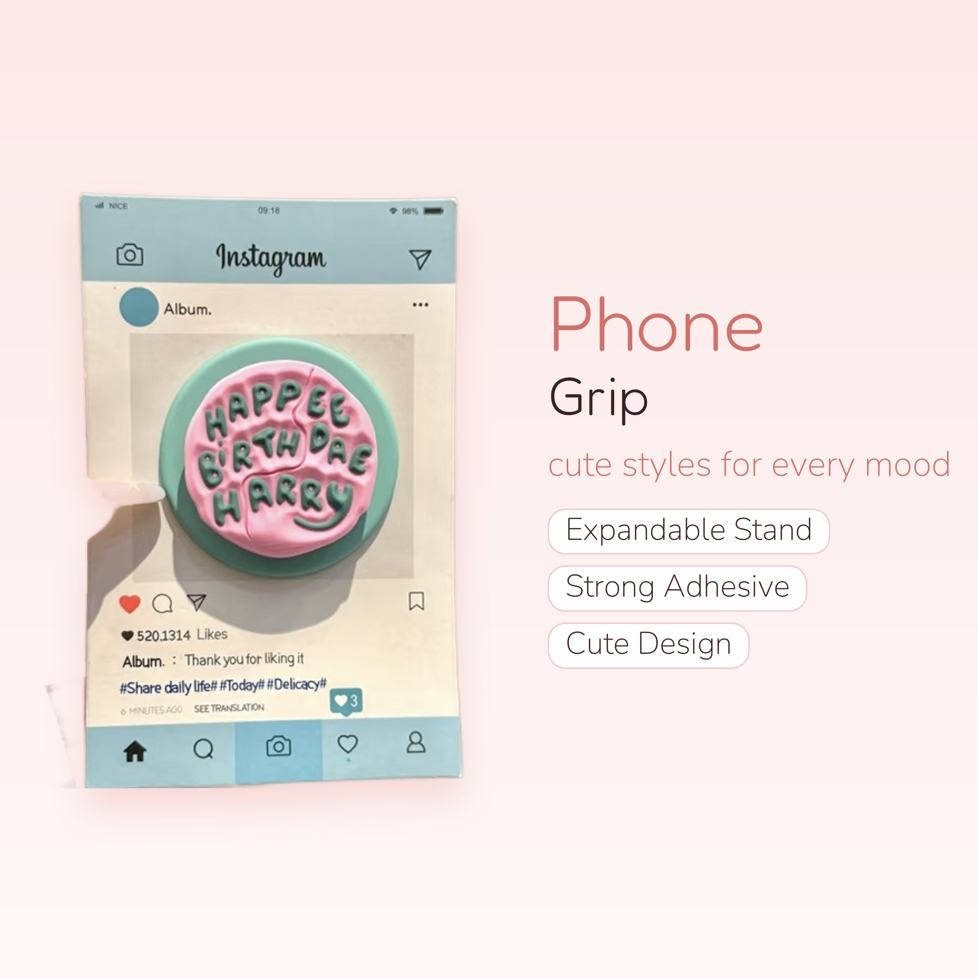 Kawaii Instagram Post Birthday Cake Phone Grip | Cute Pink & Green Pop Socket Stand