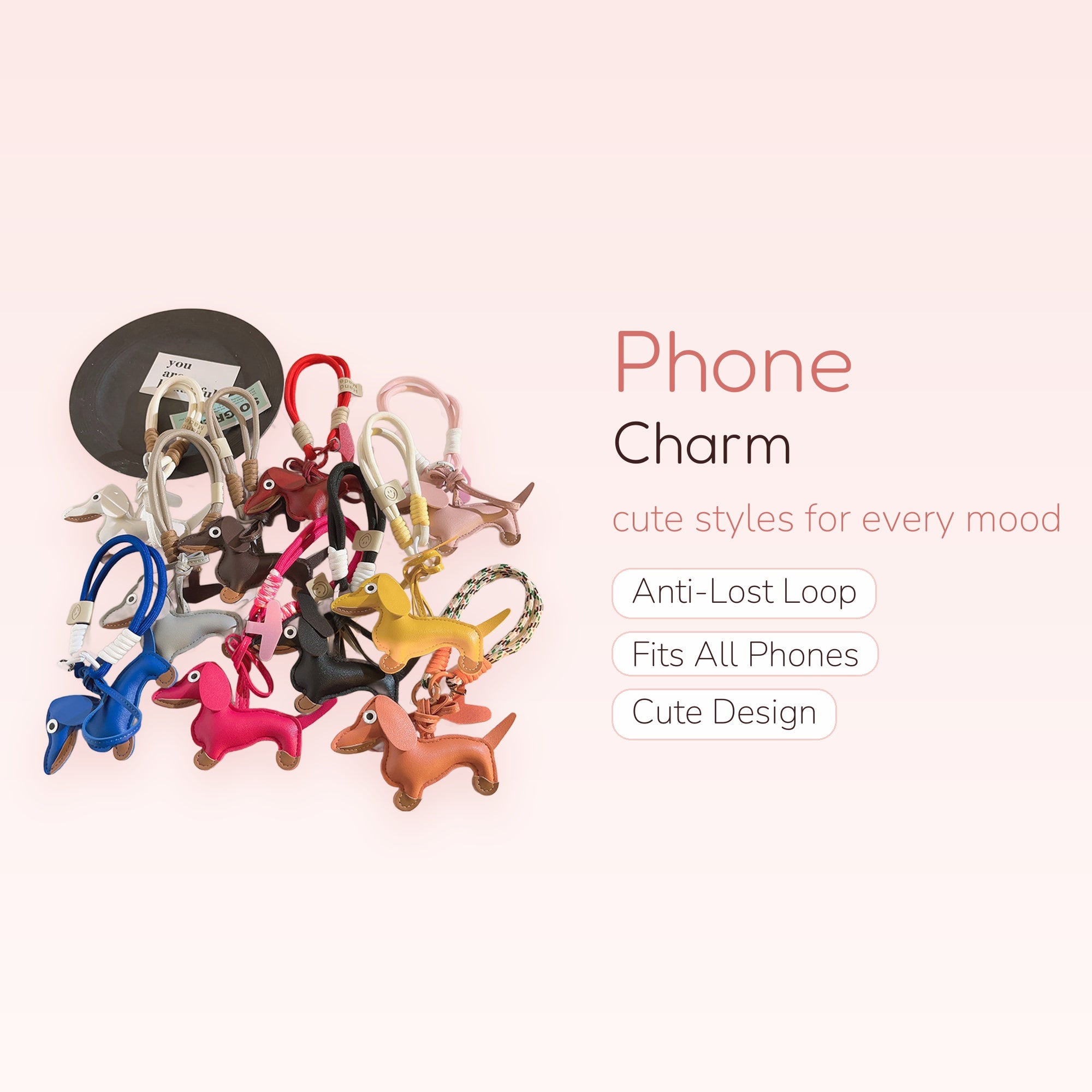 Cute Leather Dachshund Dog Phone Charm | Colorful Animal Wrist Strap Keychain