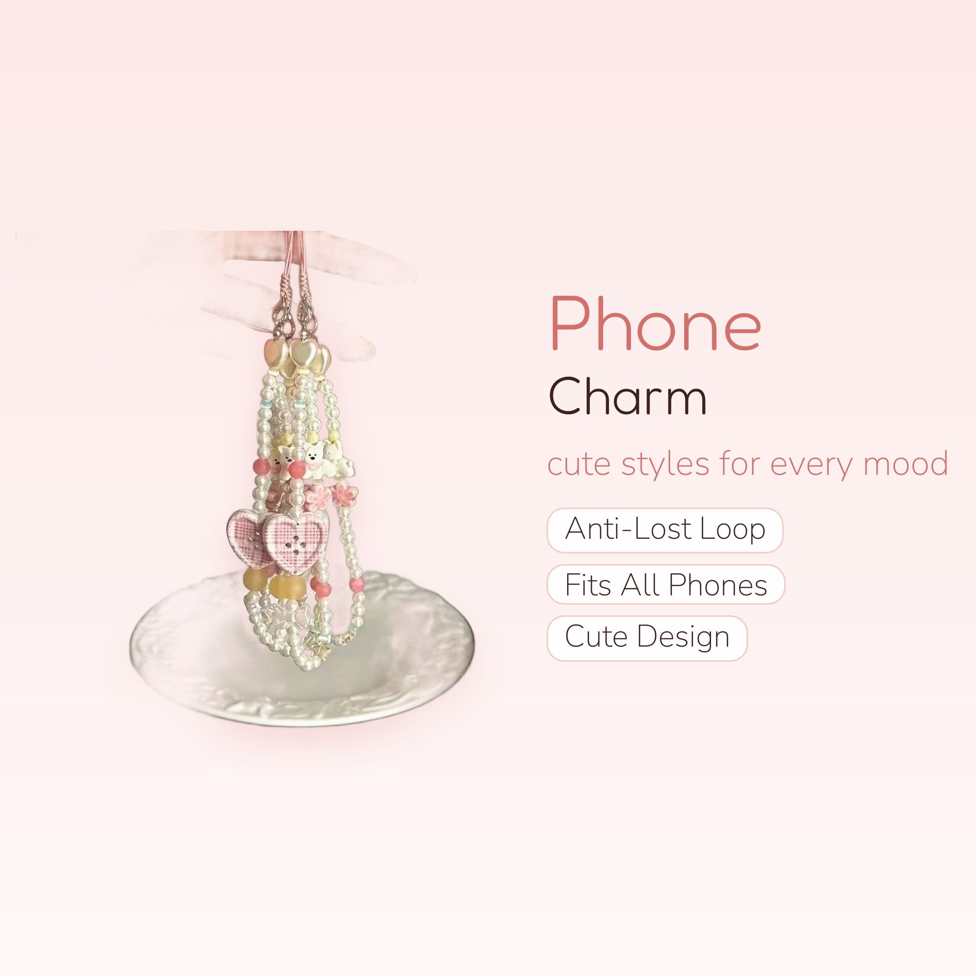 Kawaii Pearl & Heart Phone Charm Strap | Pastel Beaded Wrist Lanyard