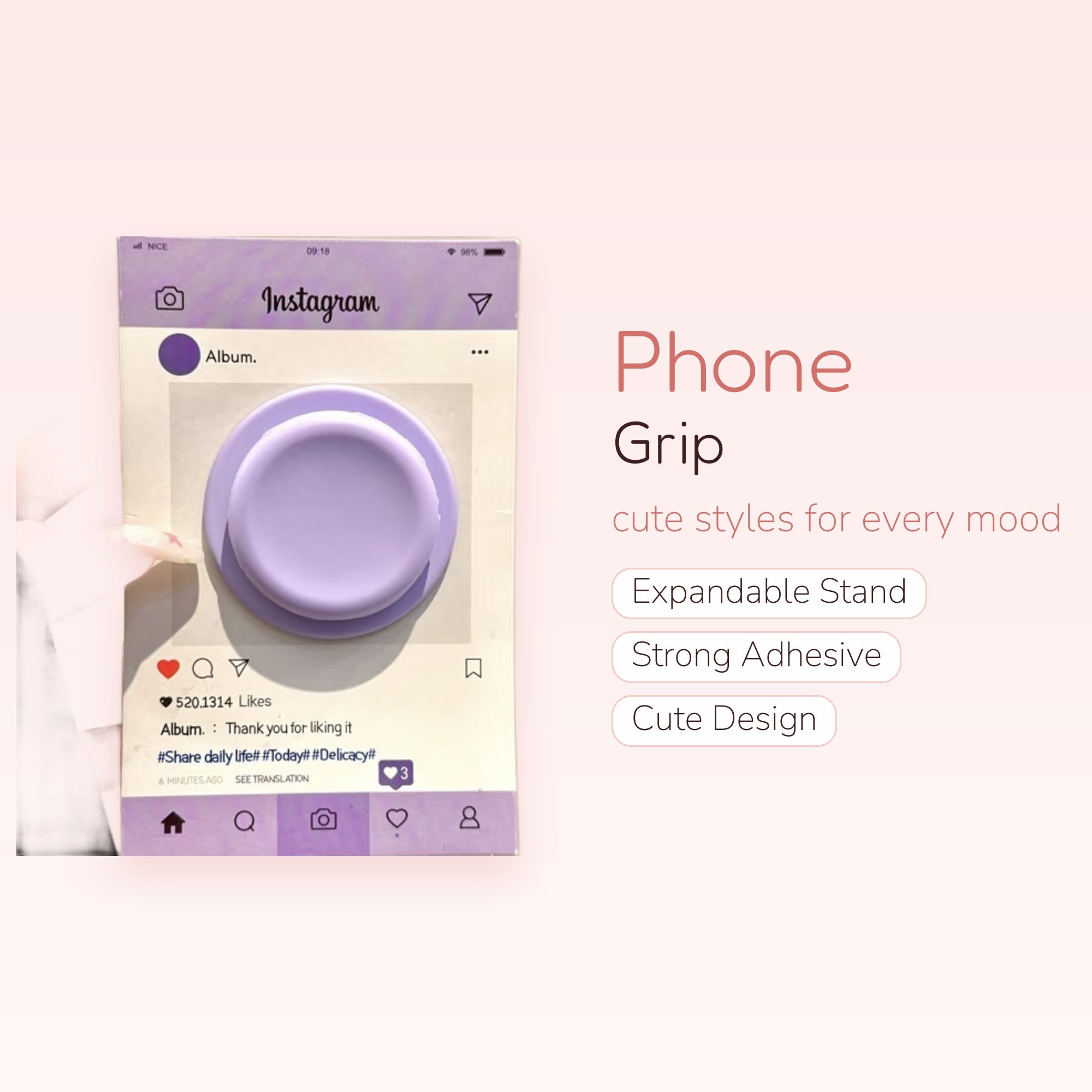 Aesthetic Purple Instagram Phone Grip | Cute Social Media Pop Socket Stand