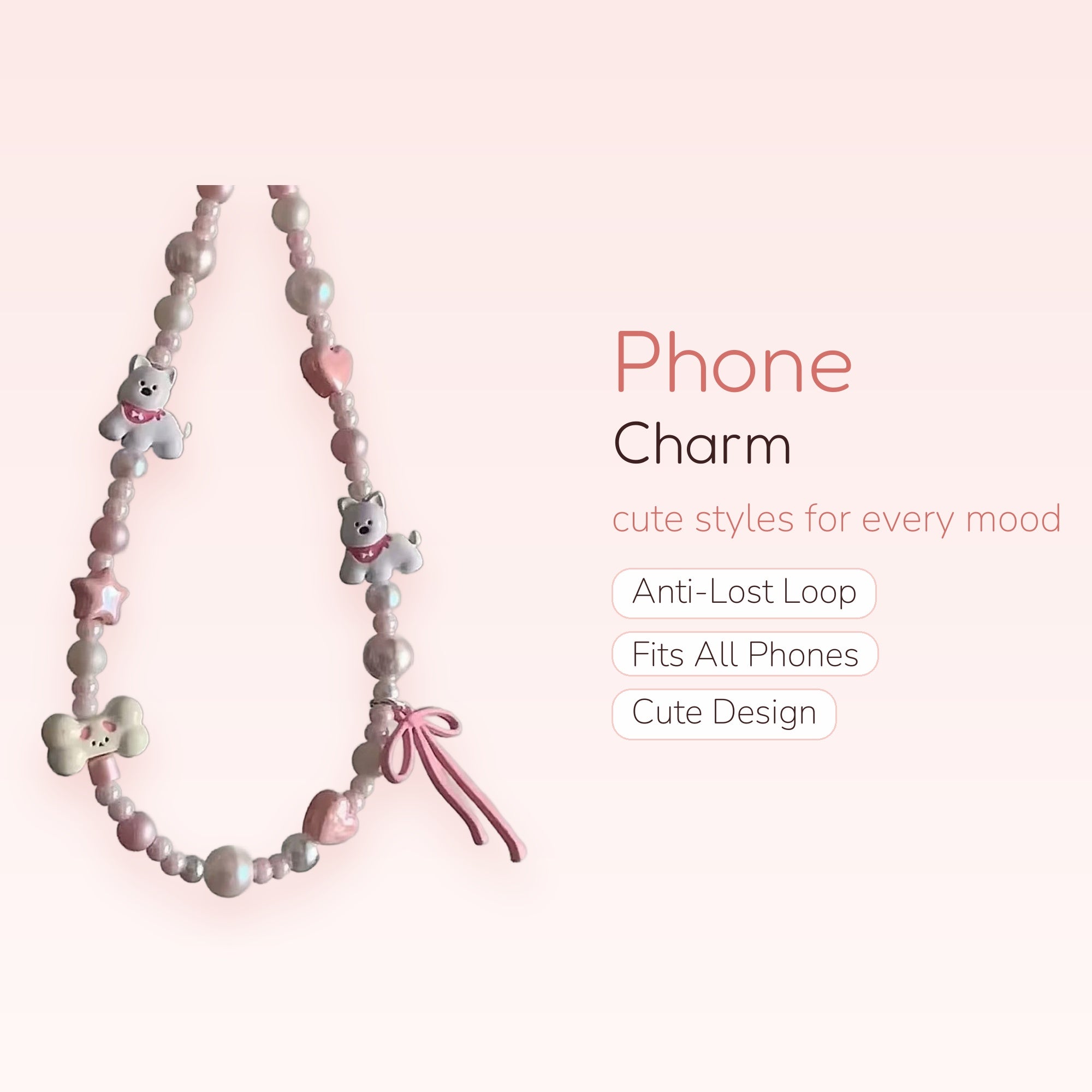 Kawaii Pink Pearl Puppy & Bone Phone Charm | Pastel Beaded Wrist Lanyard