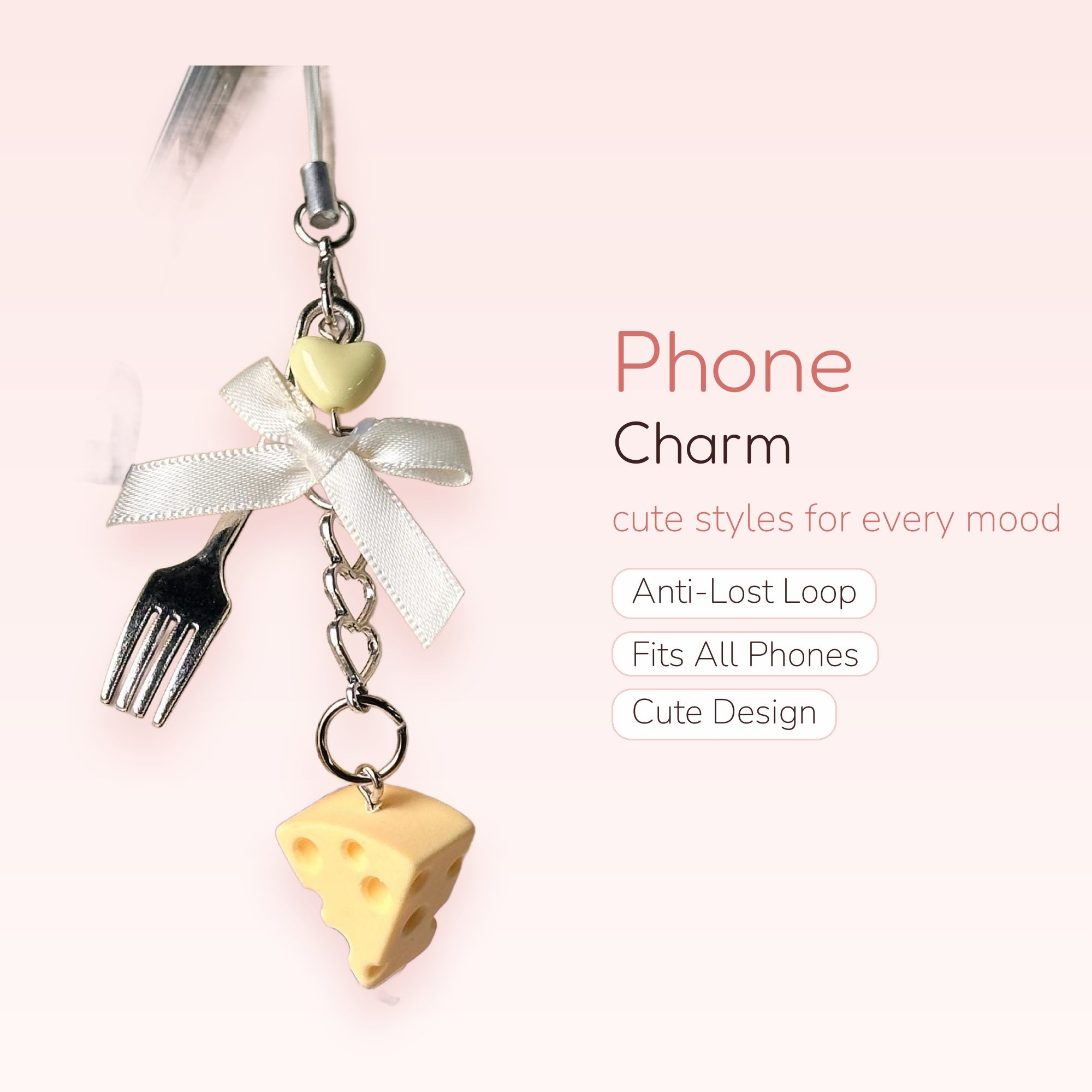 Cute Cheese & Fork Phone Charm | Kawaii Yellow Heart & Ribbon Phone Strap