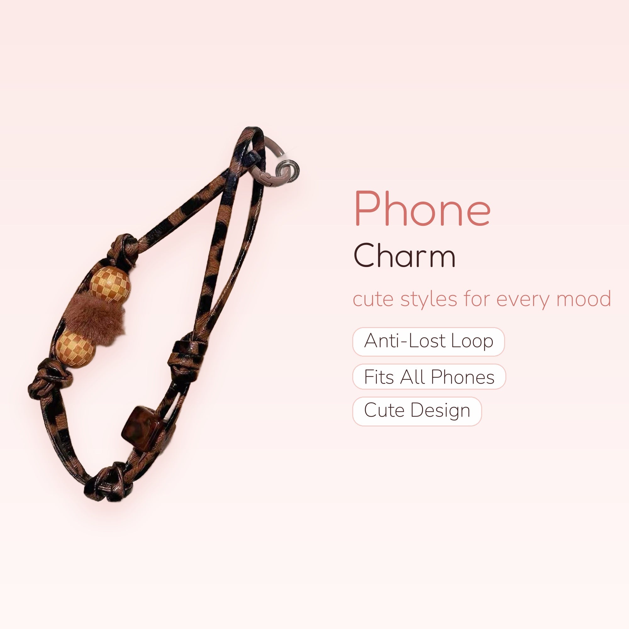 Leopard Print Beaded Phone Charm Strap | Aesthetic Brown Wrist Lanyard