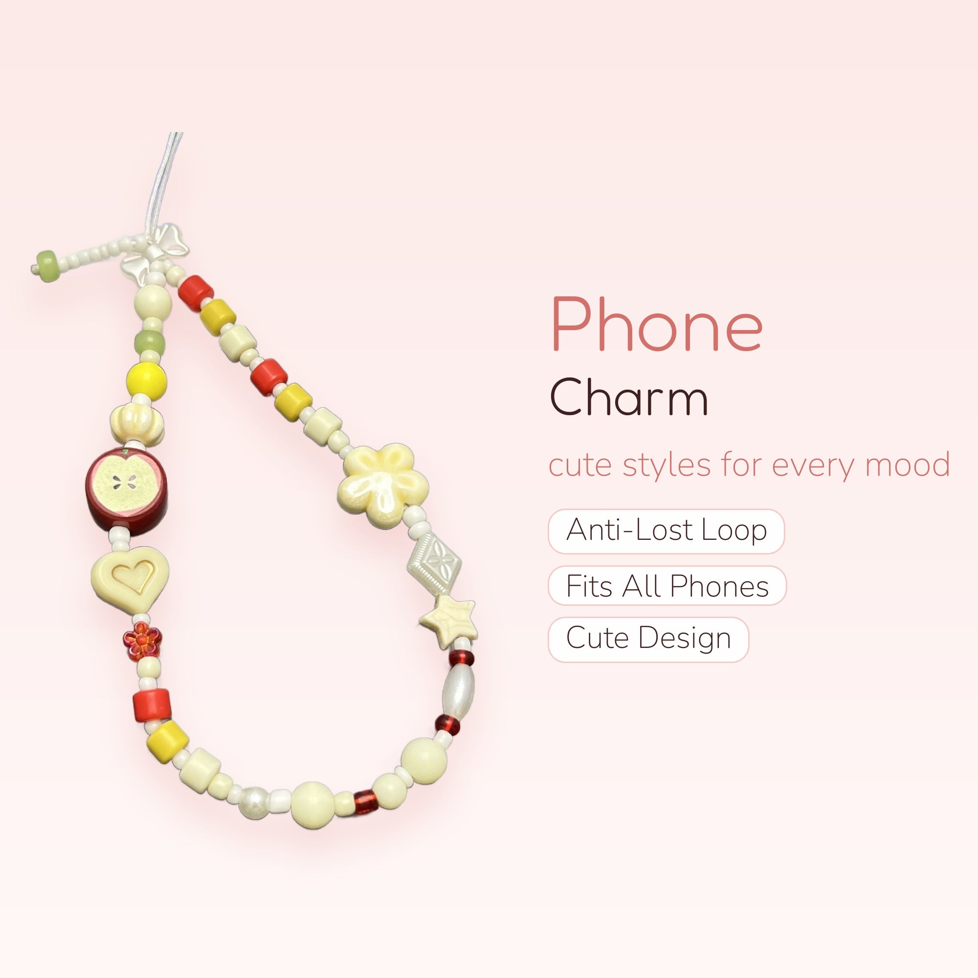 Kawaii Apple & Heart Beaded Phone Charm | Y2K Aesthetic Wrist Strap