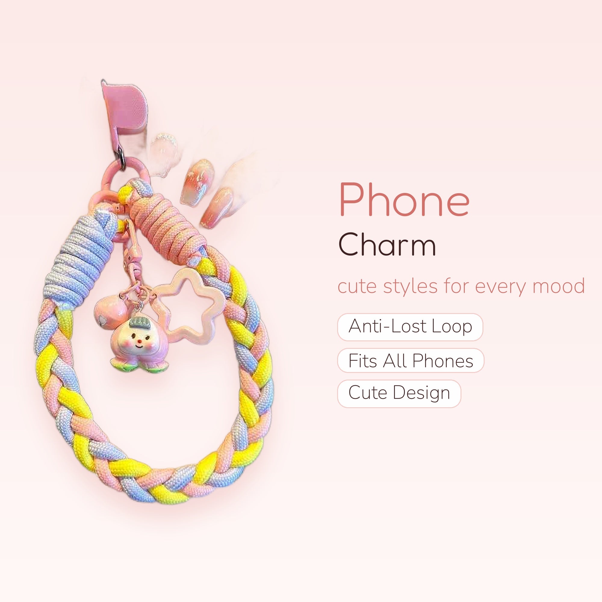 Kawaii Pastel Braided Phone Charm Strap | Cute Pink Star & Character Wrist Lanyard