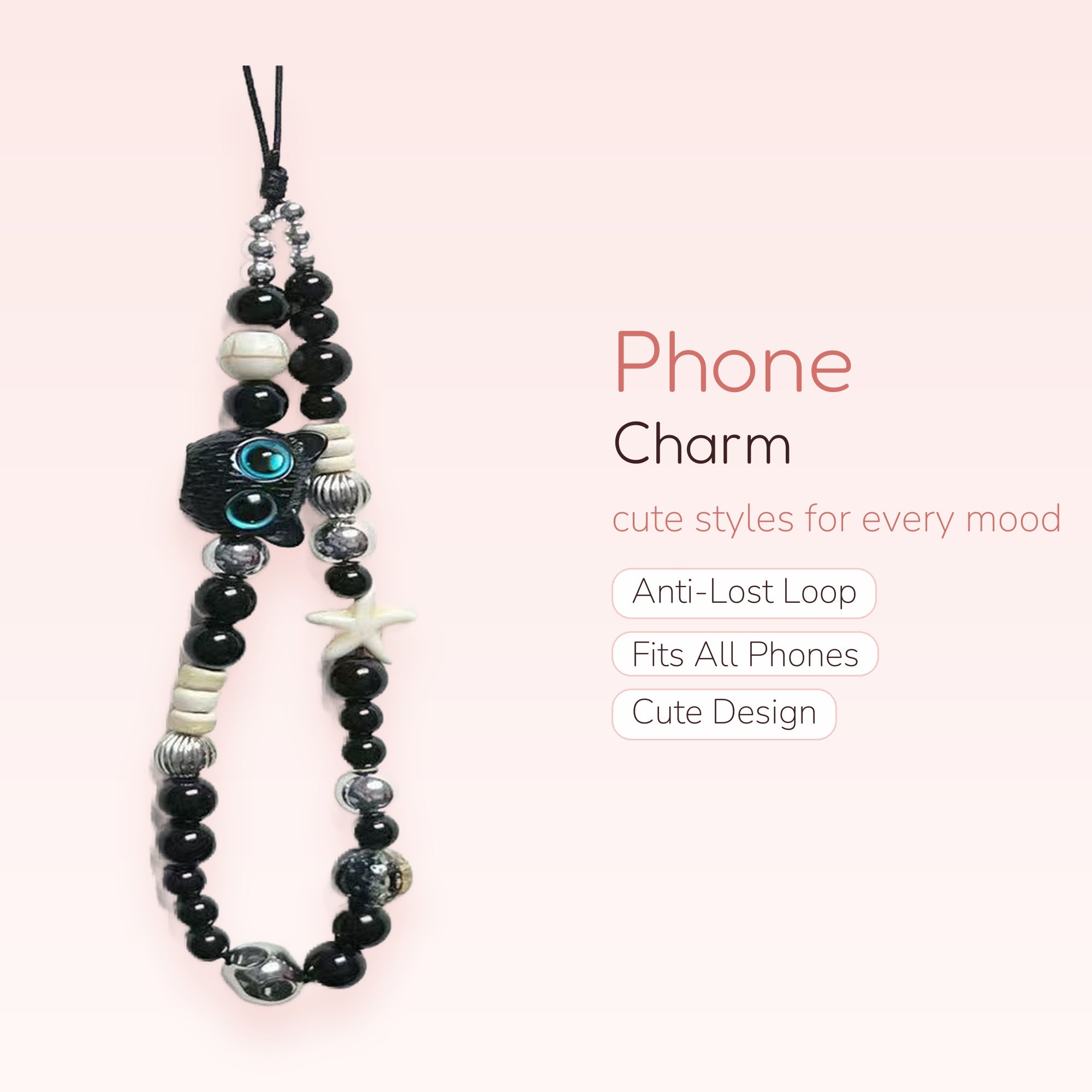 Black & White Beaded Phone Charm | Cute Octopus & Starfish Wrist Strap