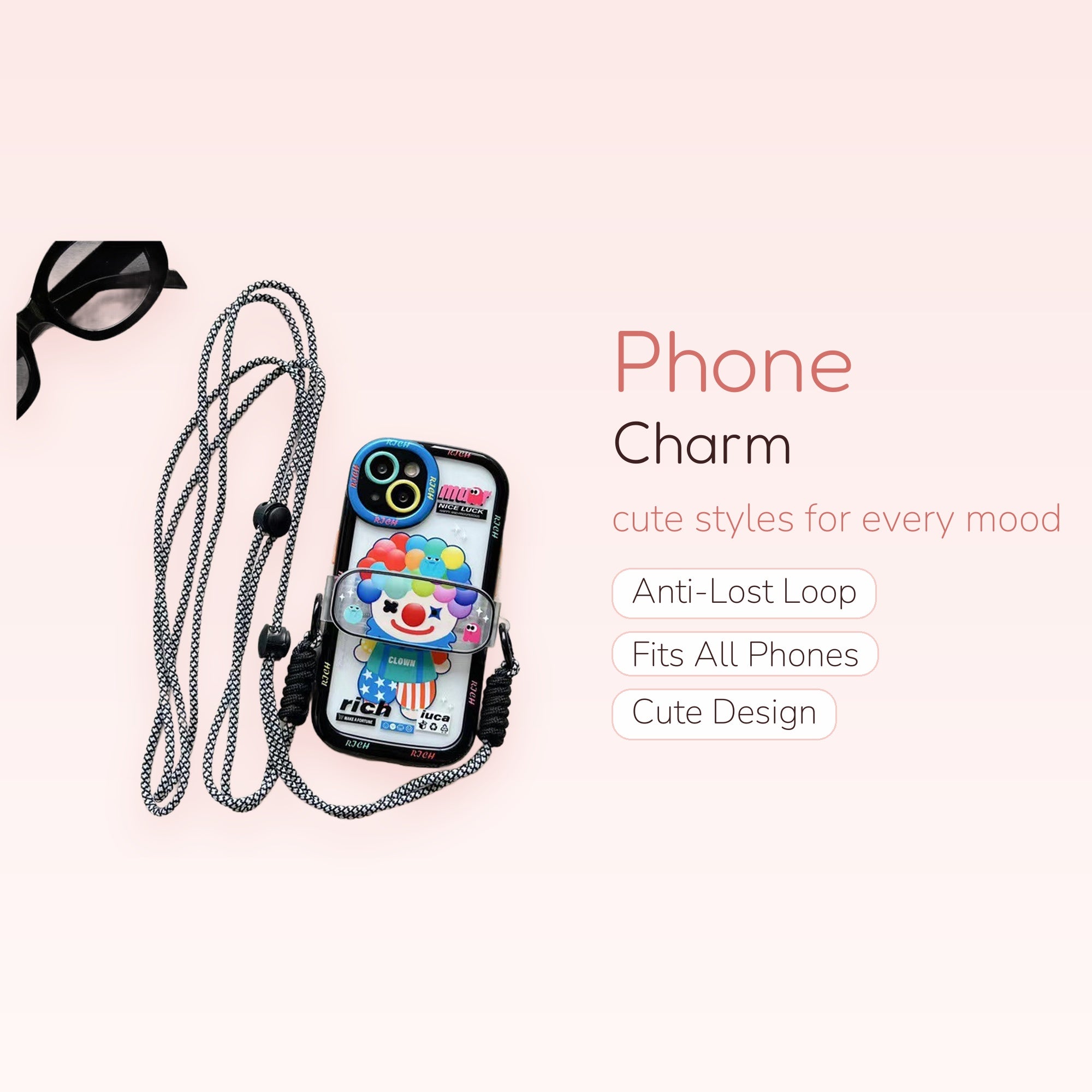 Cute Clown Phone Charm Lanyard | Aesthetic Black & White Crossbody Strap