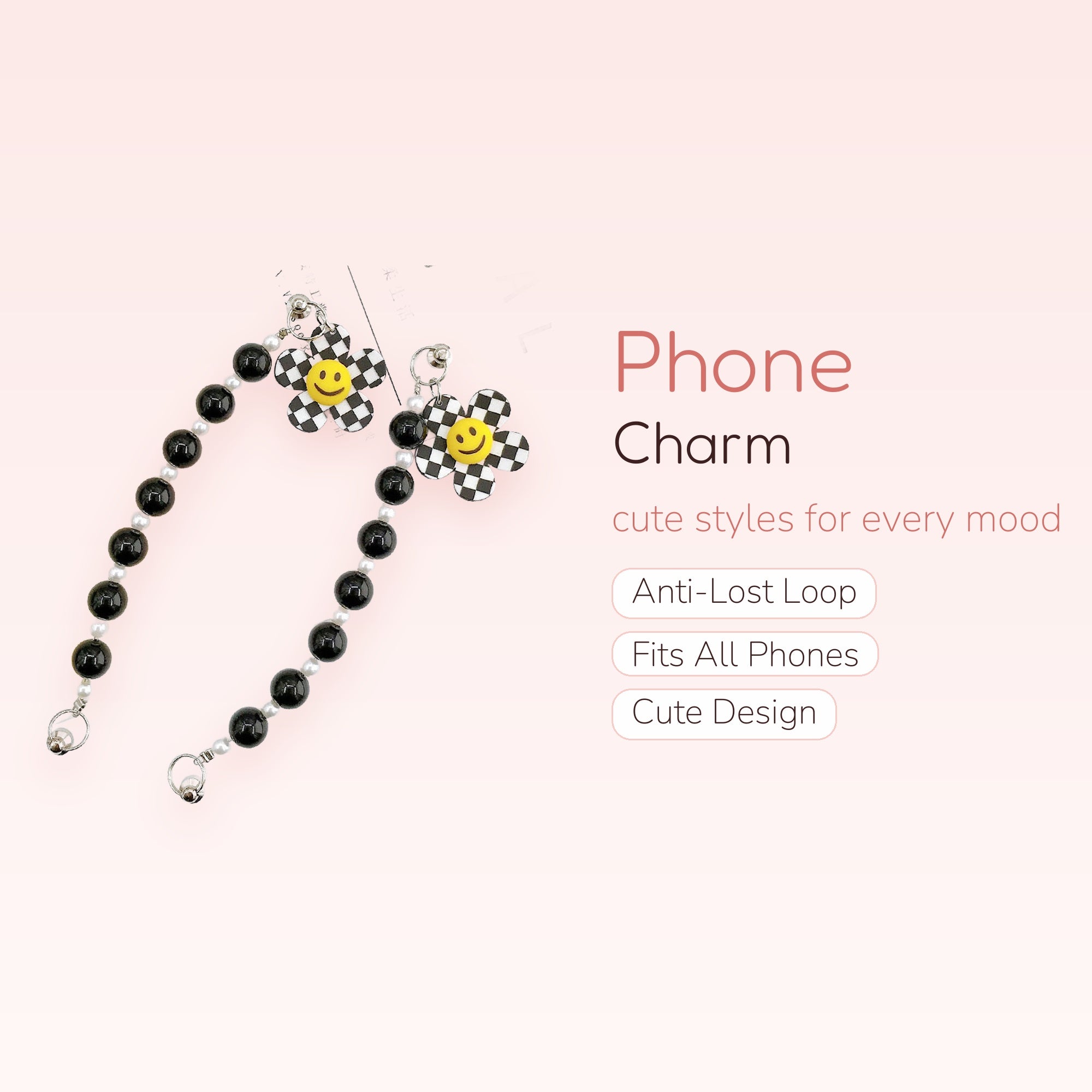 Y2K Checkered Flower Phone Charm | Black & White Beaded Wrist Strap