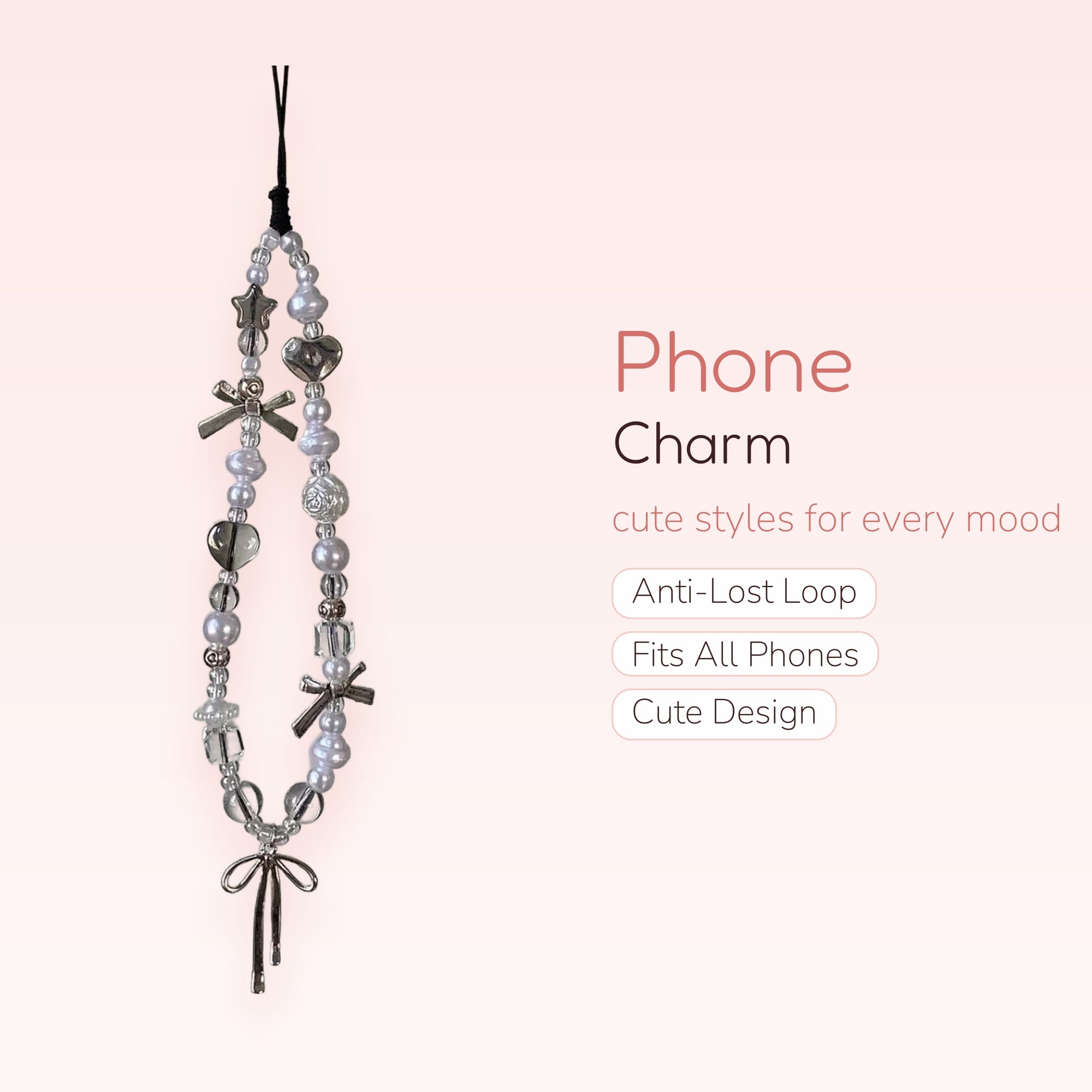Aesthetic Pearl & Silver Charm Phone Charm | Y2K Beaded Wrist Strap