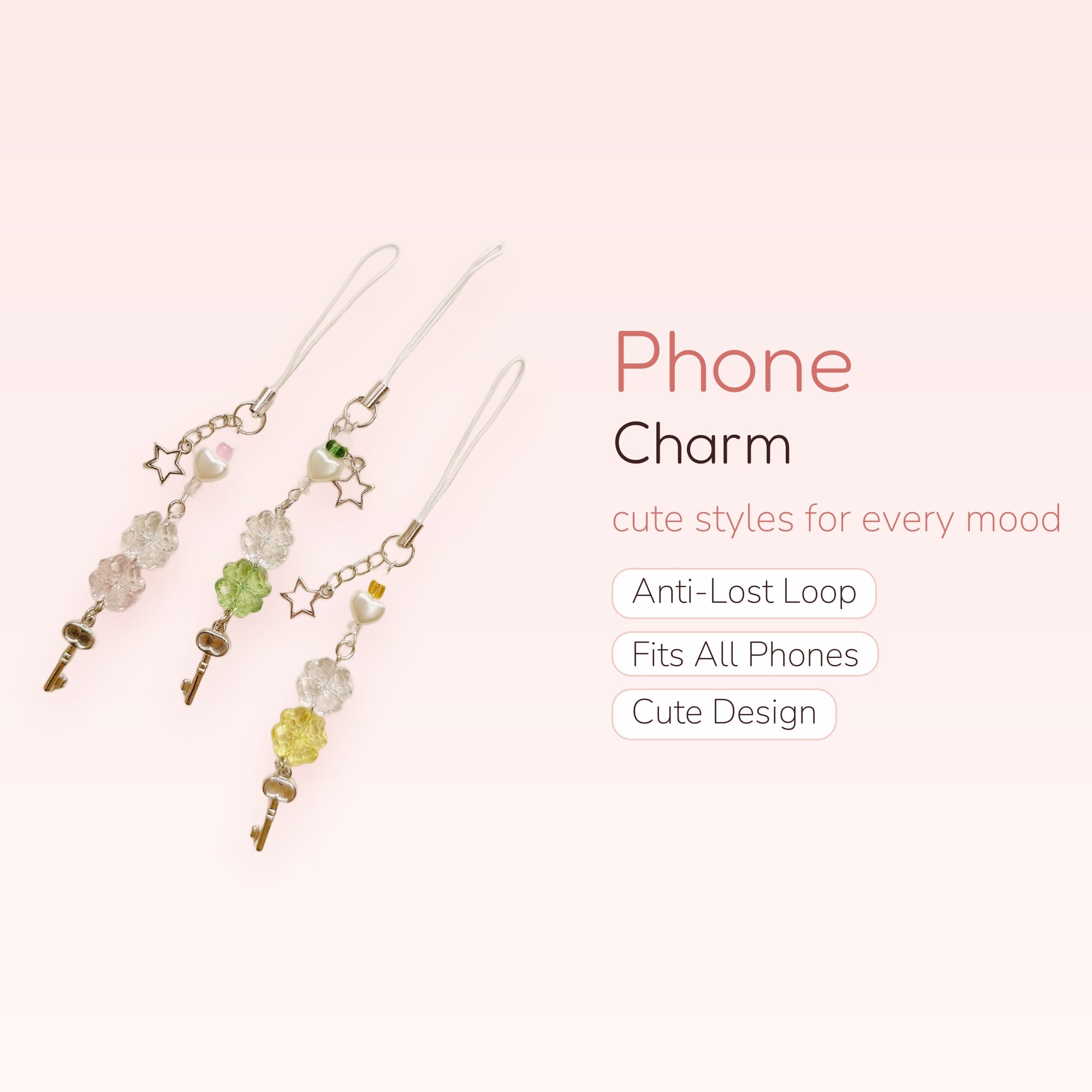 Kawaii Pastel Beaded Phone Charm Strap with Key & Star Charms | Cute Heart & Flower Lanyard