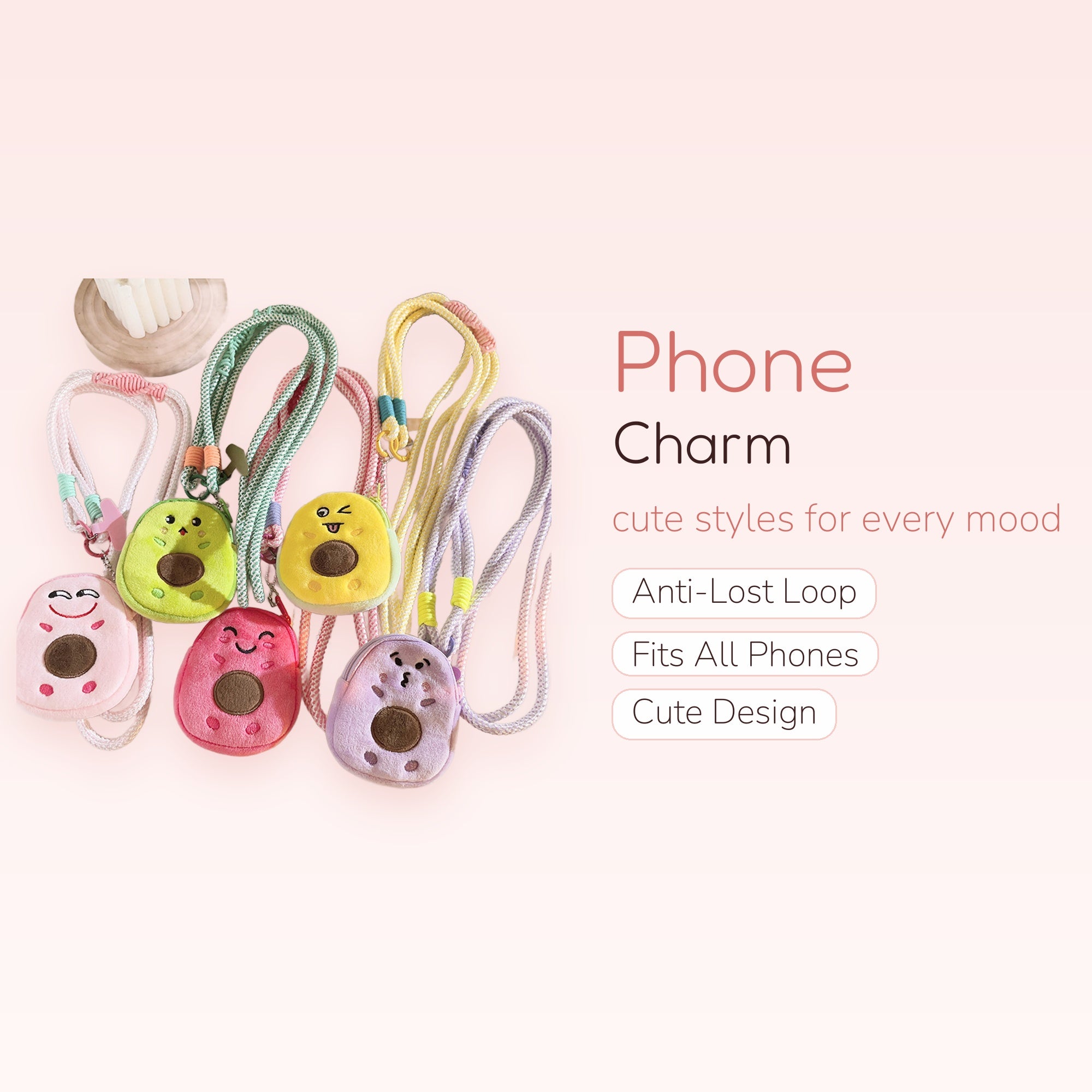 Kawaii Avocado Plush Phone Charm Lanyard | Pastel Fruit Crossbody Strap