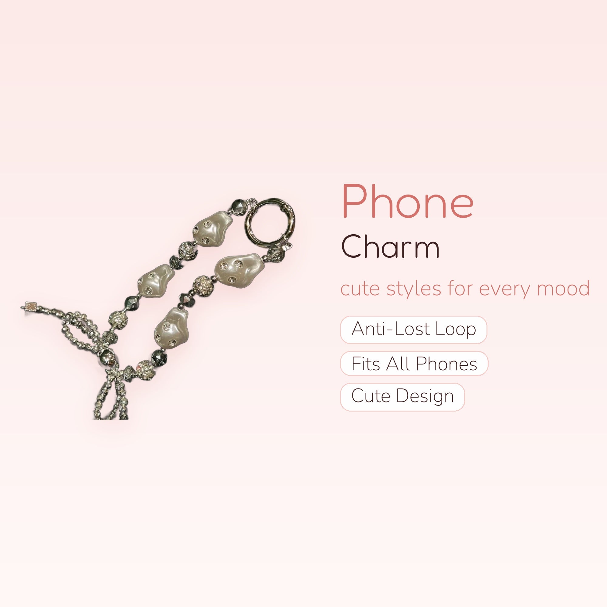 Aesthetic Baroque Pearl & Crystal Phone Charm | Silver Beaded Wrist Lanyard