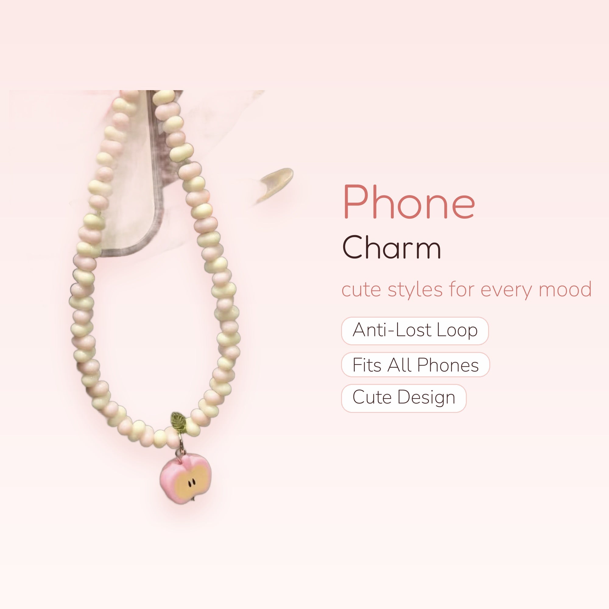 Pastel Pink & Cream Beaded Phone Charm | Kawaii Apple Wrist Strap Lanyard
