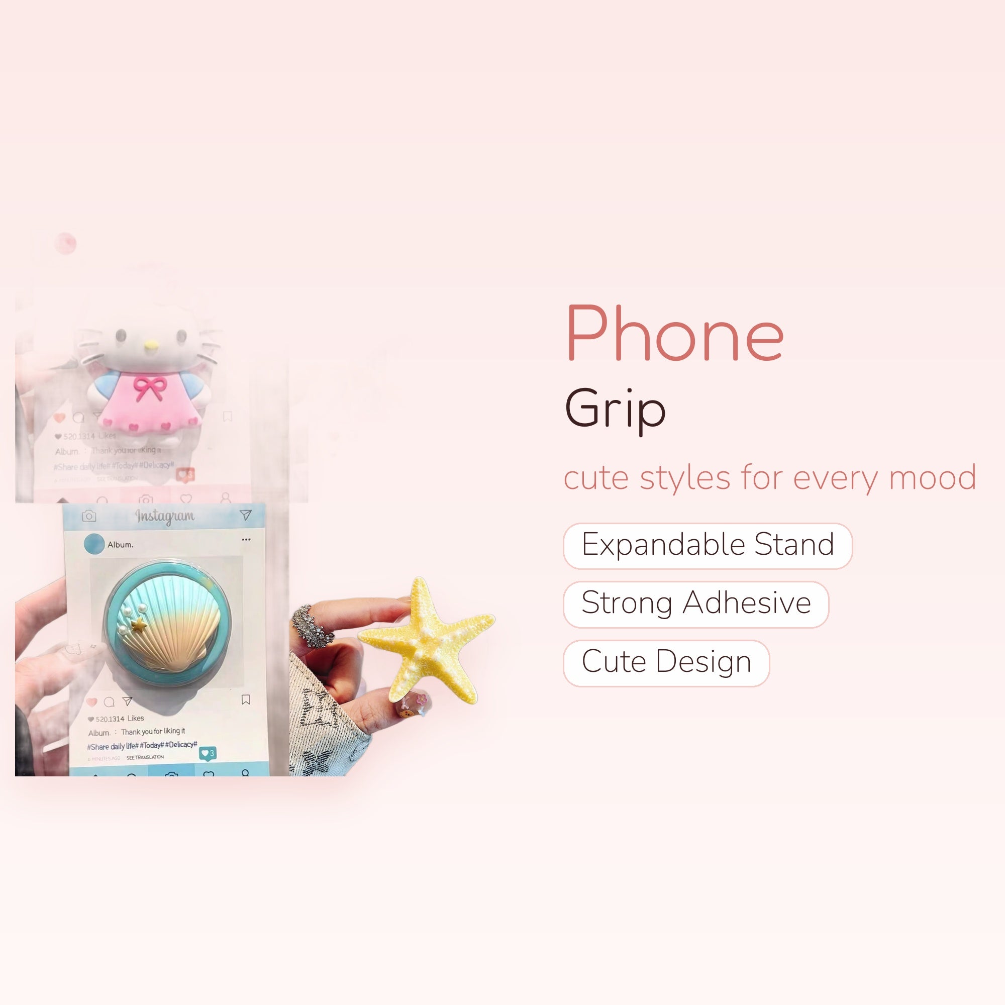Kawaii Hello Kitty & Chibi Girl Phone Grips | Cute Seashell & Starfish Pop Socket Stands
