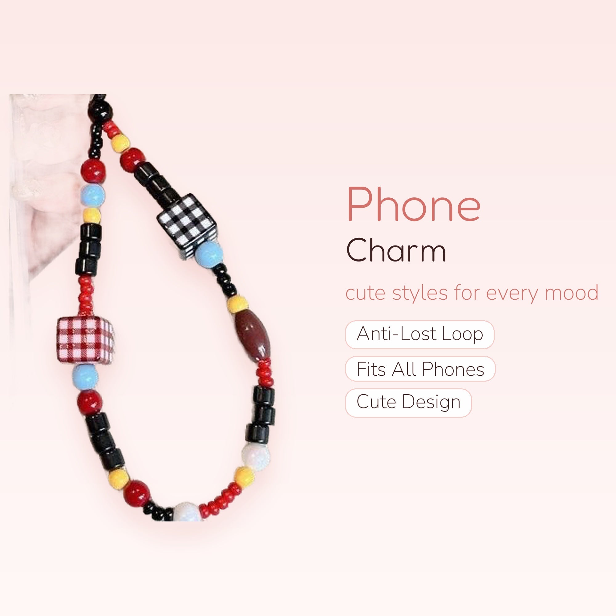 Y2K Checkered Cube & Beaded Phone Charm | Aesthetic Red Black Yellow Wrist Strap