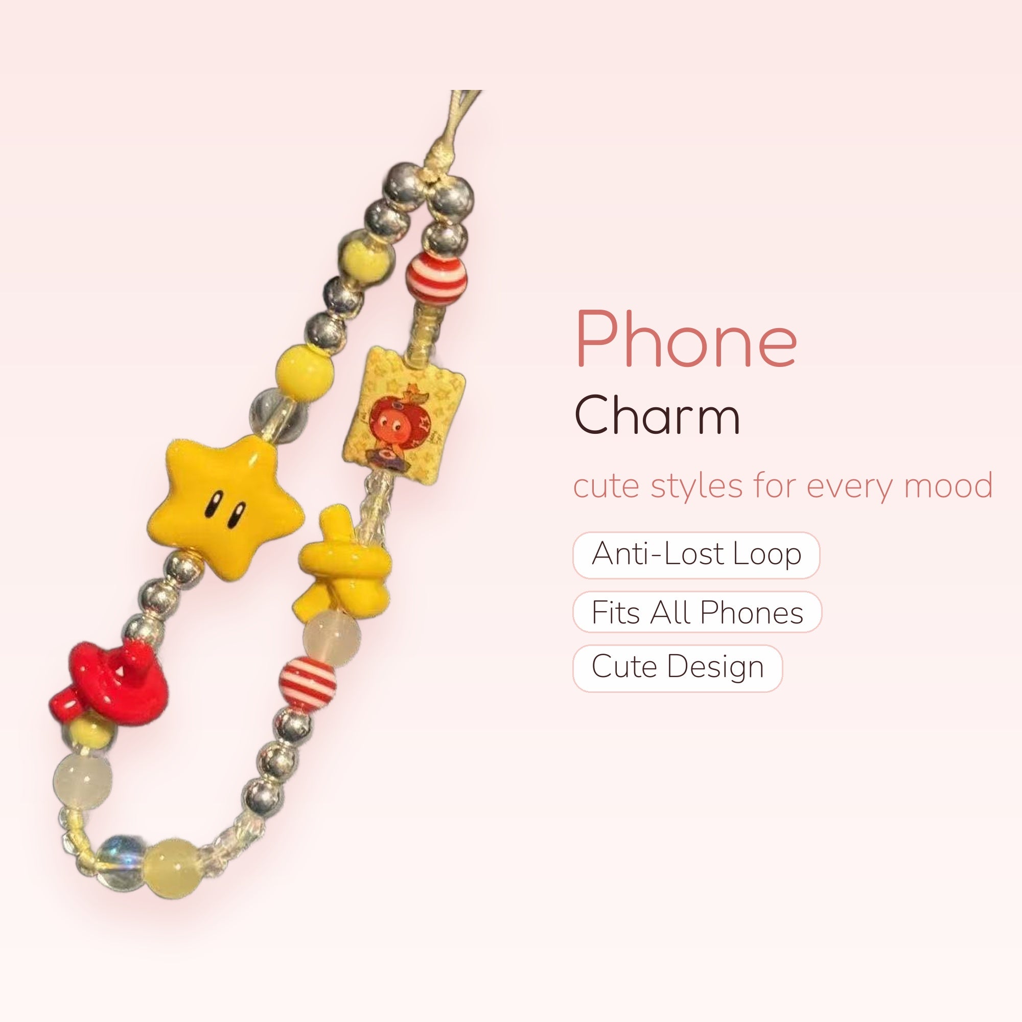 Kawaii Mario Star & Apple Phone Charm Strap | Cute Beaded Wrist Lanyard