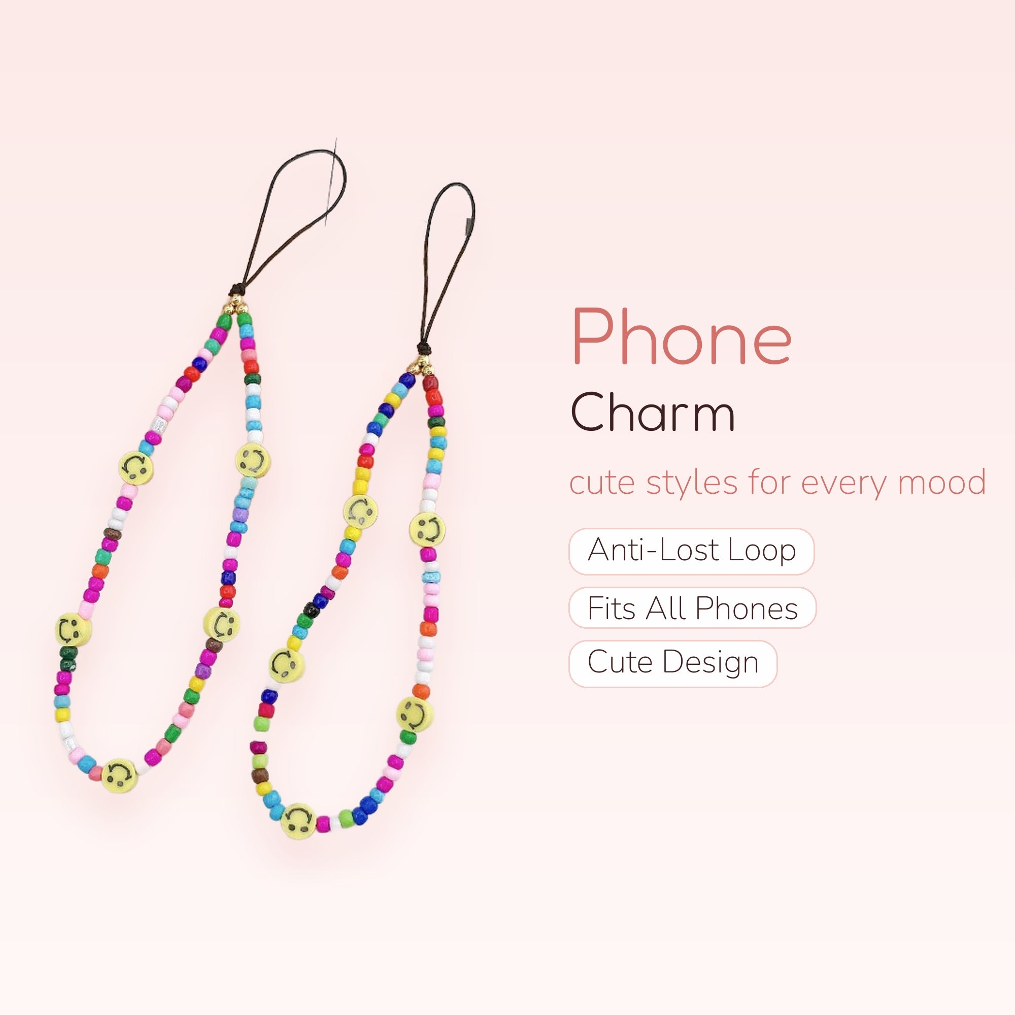 Y2K Colorful Beaded Smiley Face Phone Charm | Aesthetic Wrist Strap Lanyard