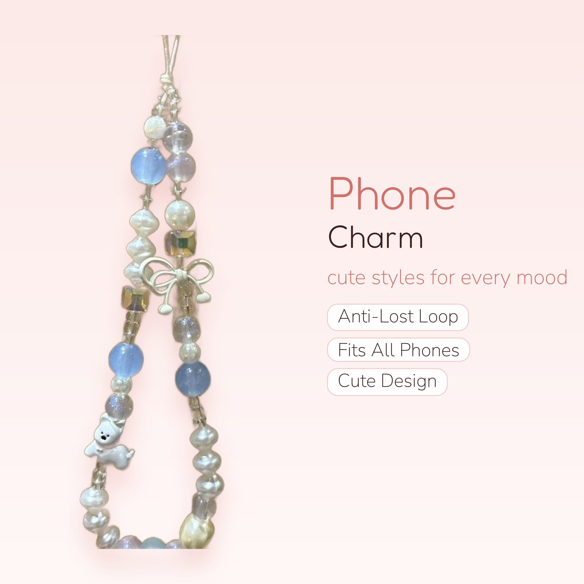 Kawaii Pearl & Blue Beaded Phone Charm | Cute Puppy & Bow Wrist Strap