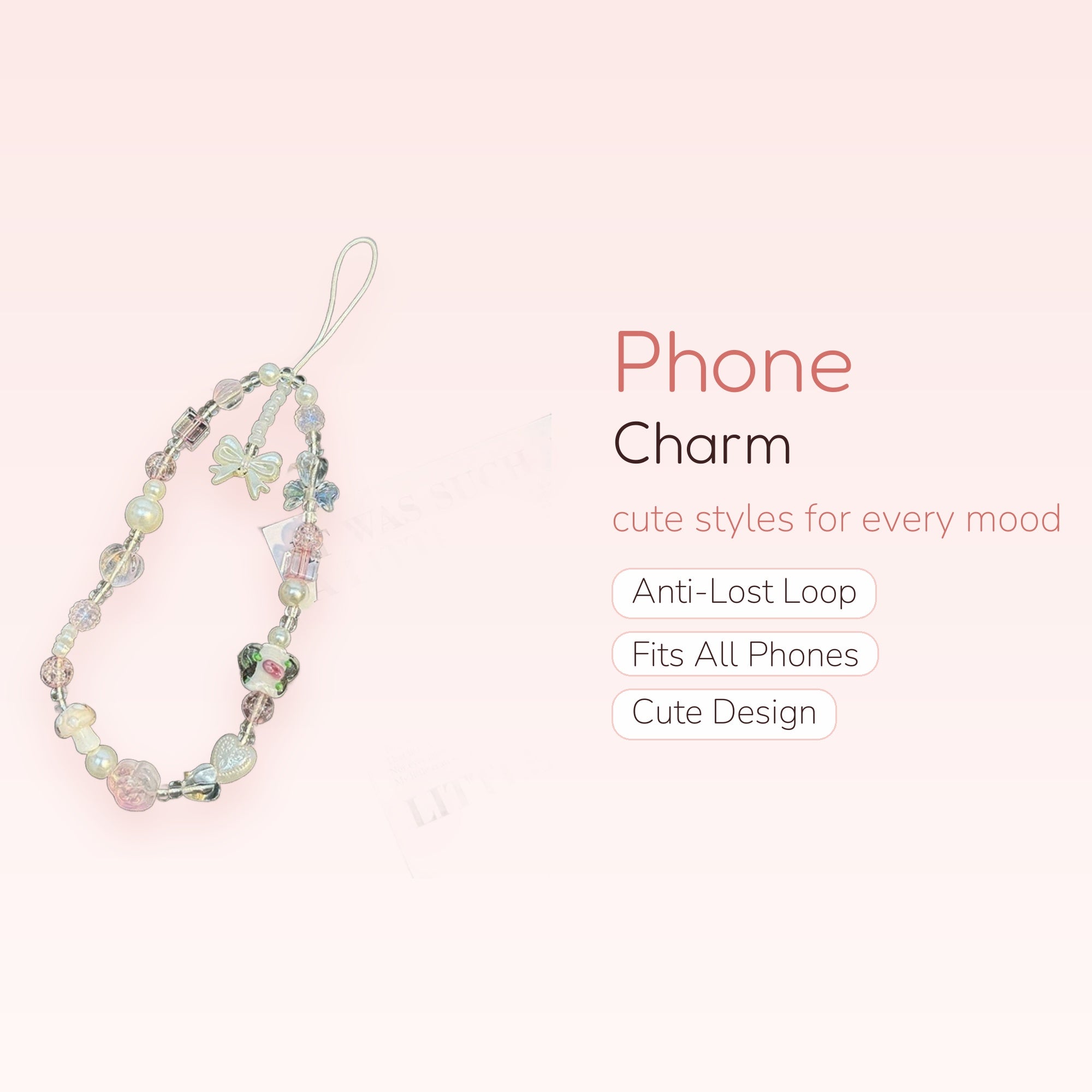 Pastel Pink & Pearl Beaded Phone Charm | Kawaii Heart & Bow Wrist Strap