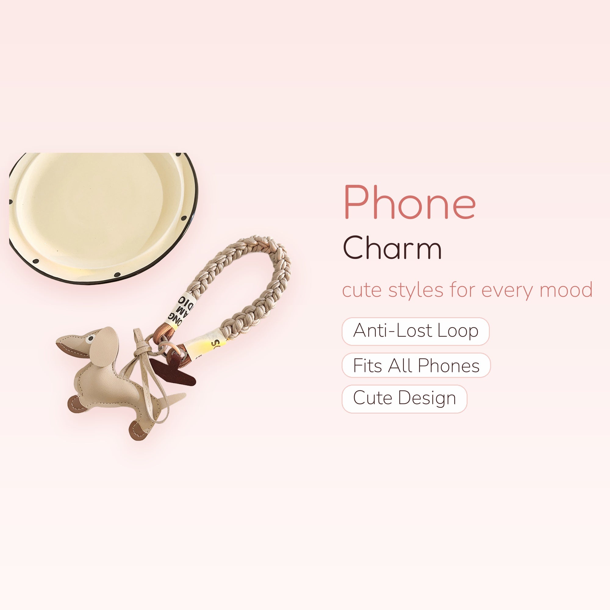 Cute Beige Leather Dachshund Phone Charm | Braided Wrist Strap Keychain