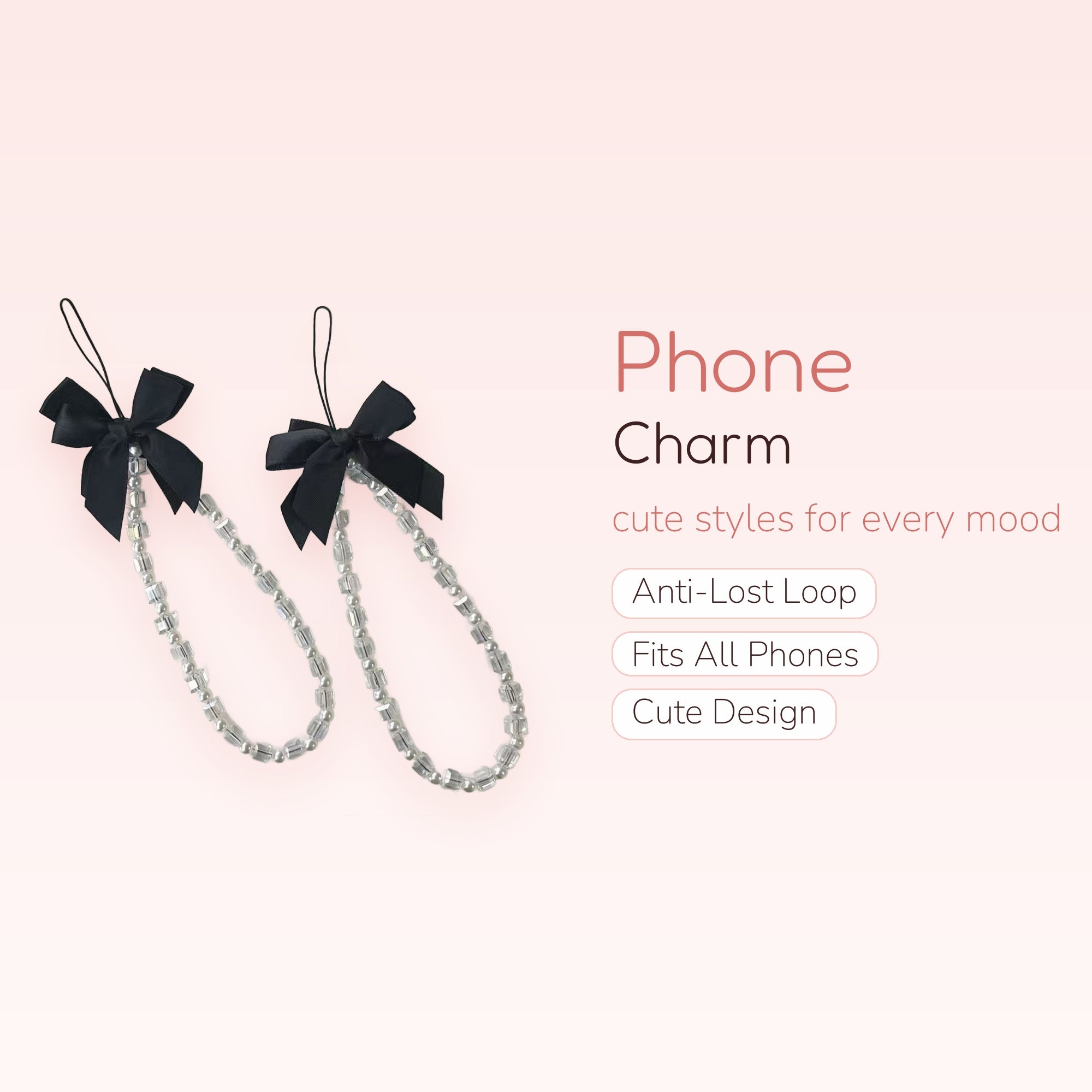 Elegant Black Bow Pearl & Crystal Phone Charm | Aesthetic Beaded Wrist Strap