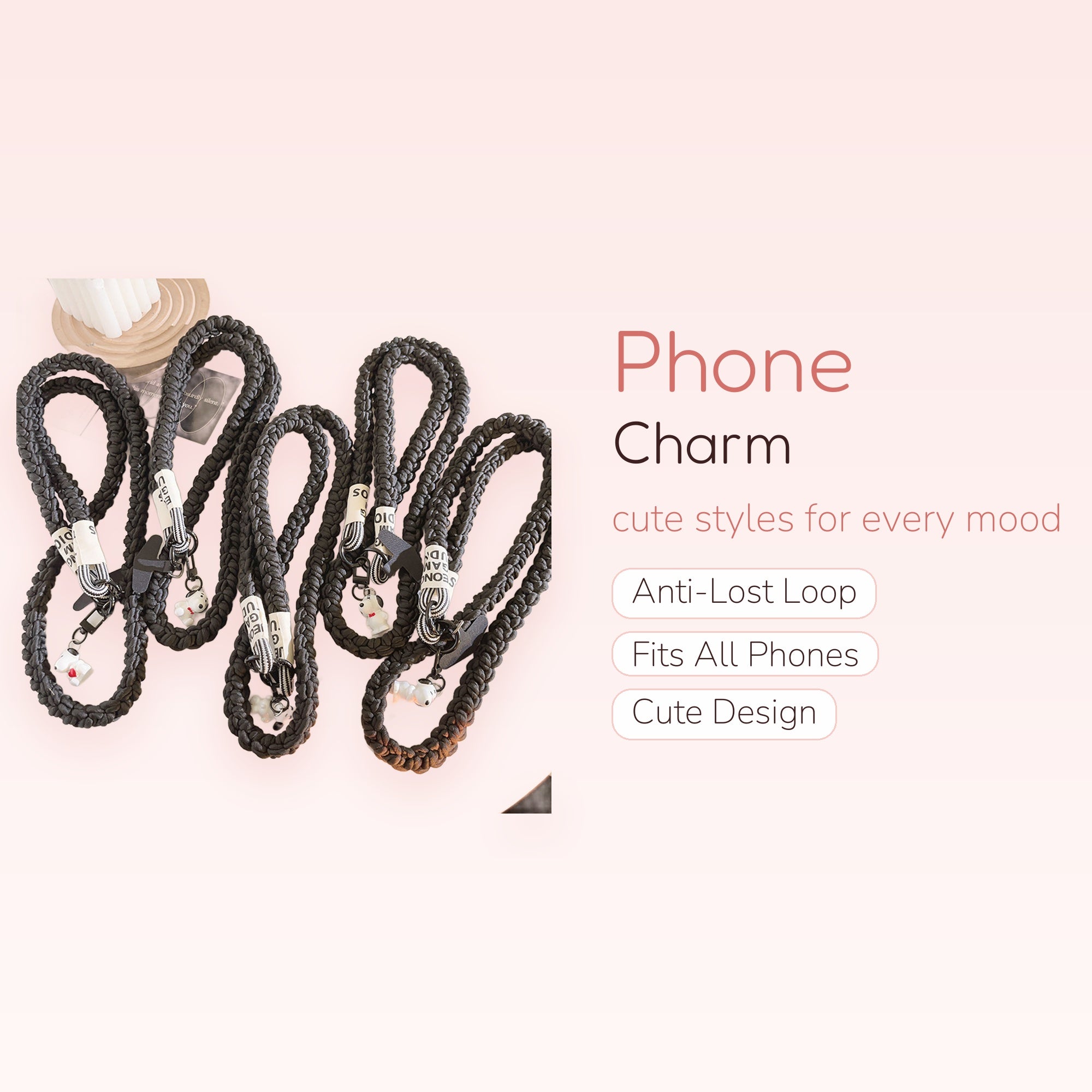 Braided Black Rope Phone Charm Lanyard | Cute Puppy Charm Crossbody Strap