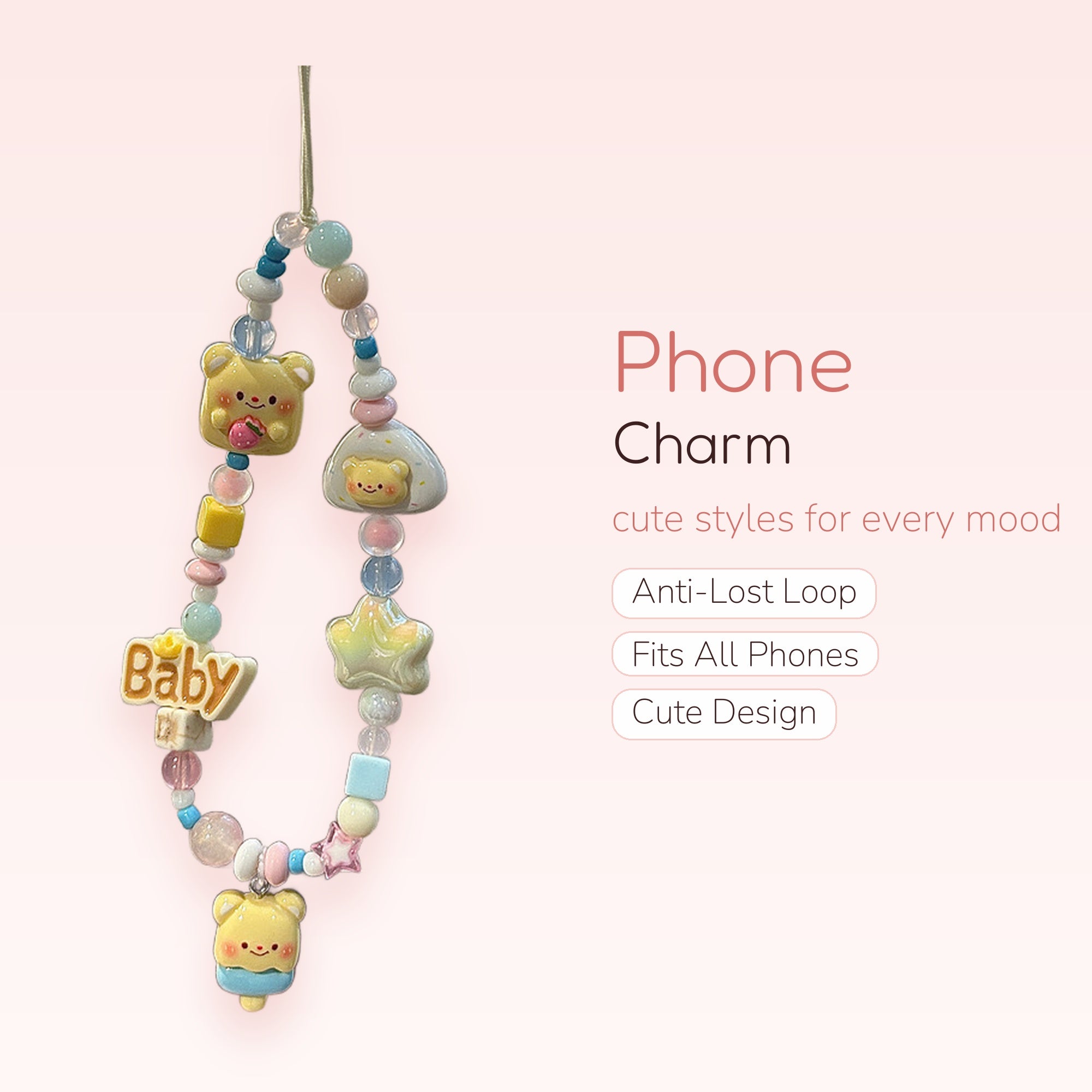 Kawaii Pastel Bear & Star Phone Charm | Beaded Wrist Strap with 'Baby' Pendant