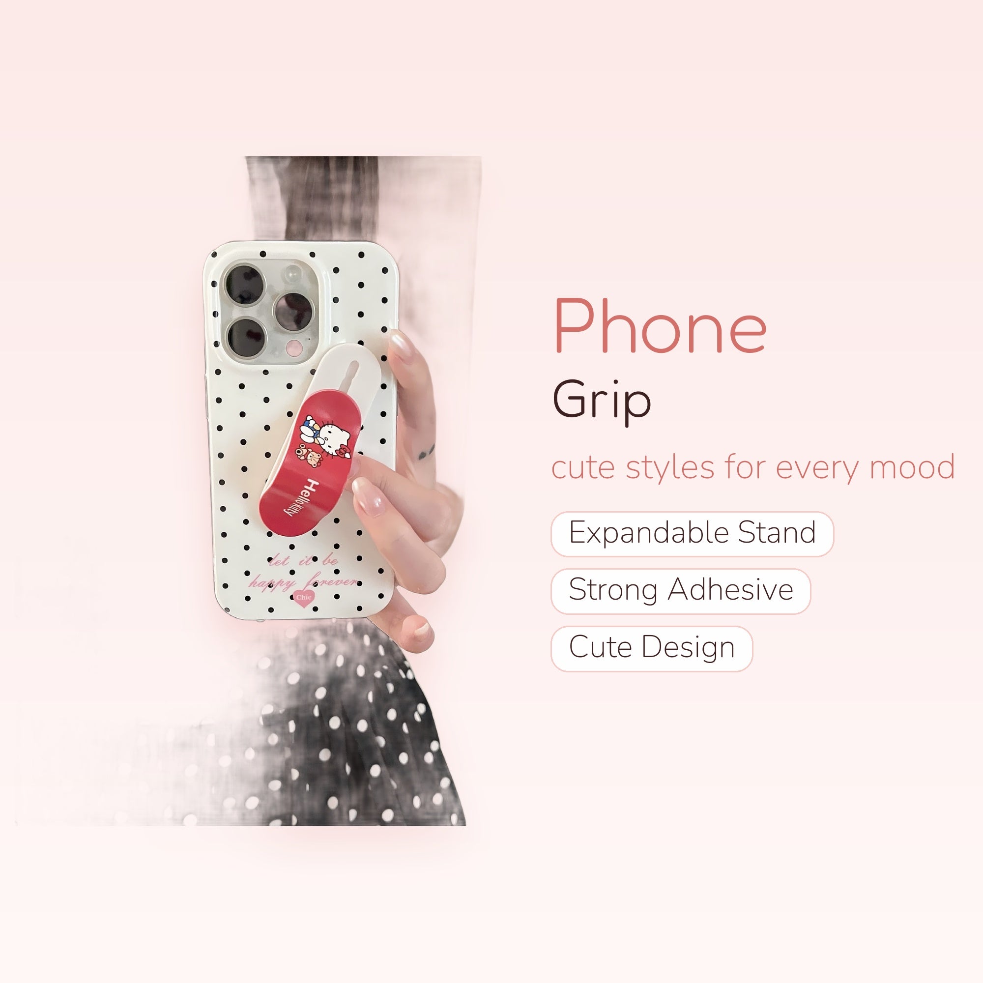 Kawaii Hello Kitty Skateboard Phone Grip | Polka Dot Pop Socket Stand