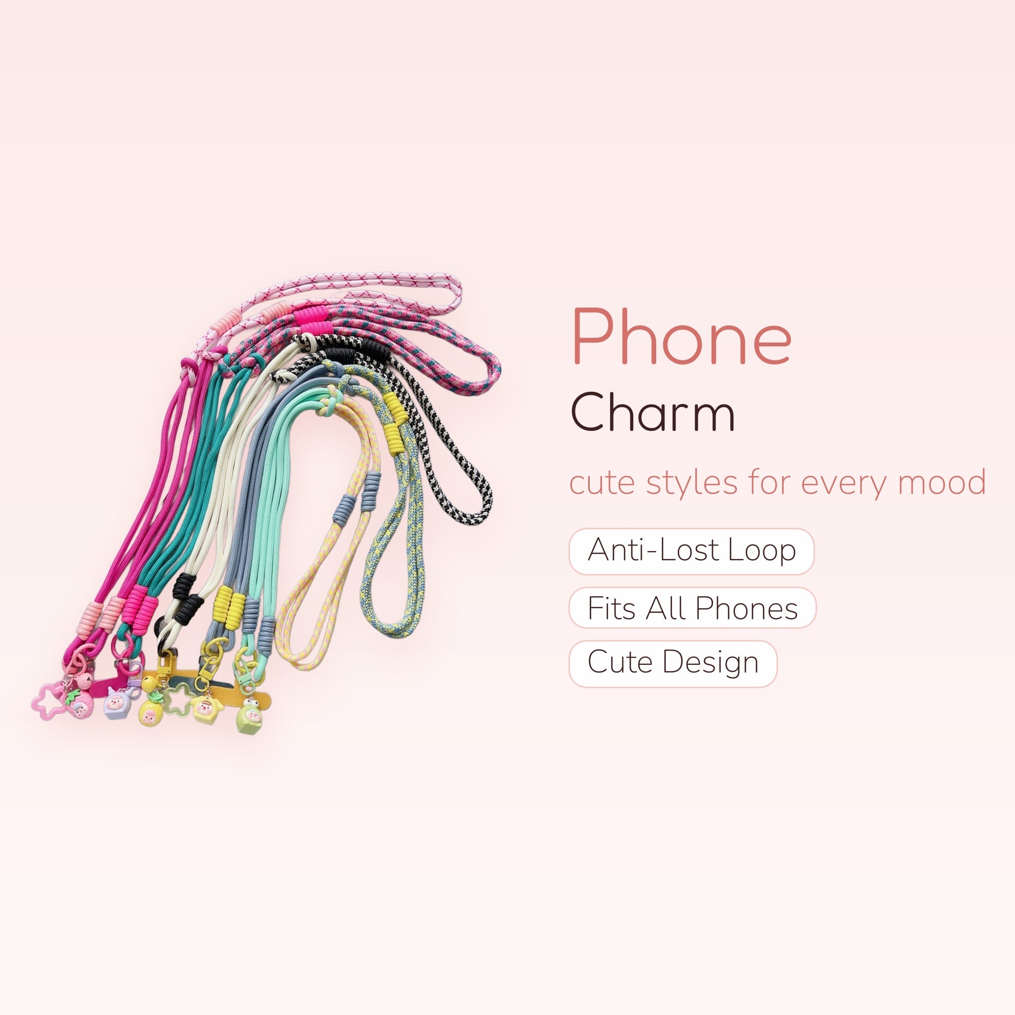 Kawaii Colorful Rope Phone Lanyard with Cute Fruit Charms | Aesthetic Adjustable Neck Strap