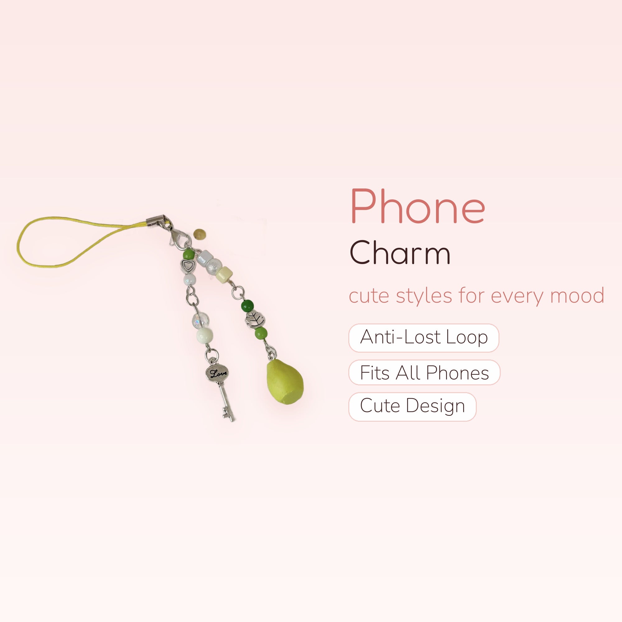 Aesthetic Green & White Beaded Phone Charm | Cute Pear & Key Dangle Strap