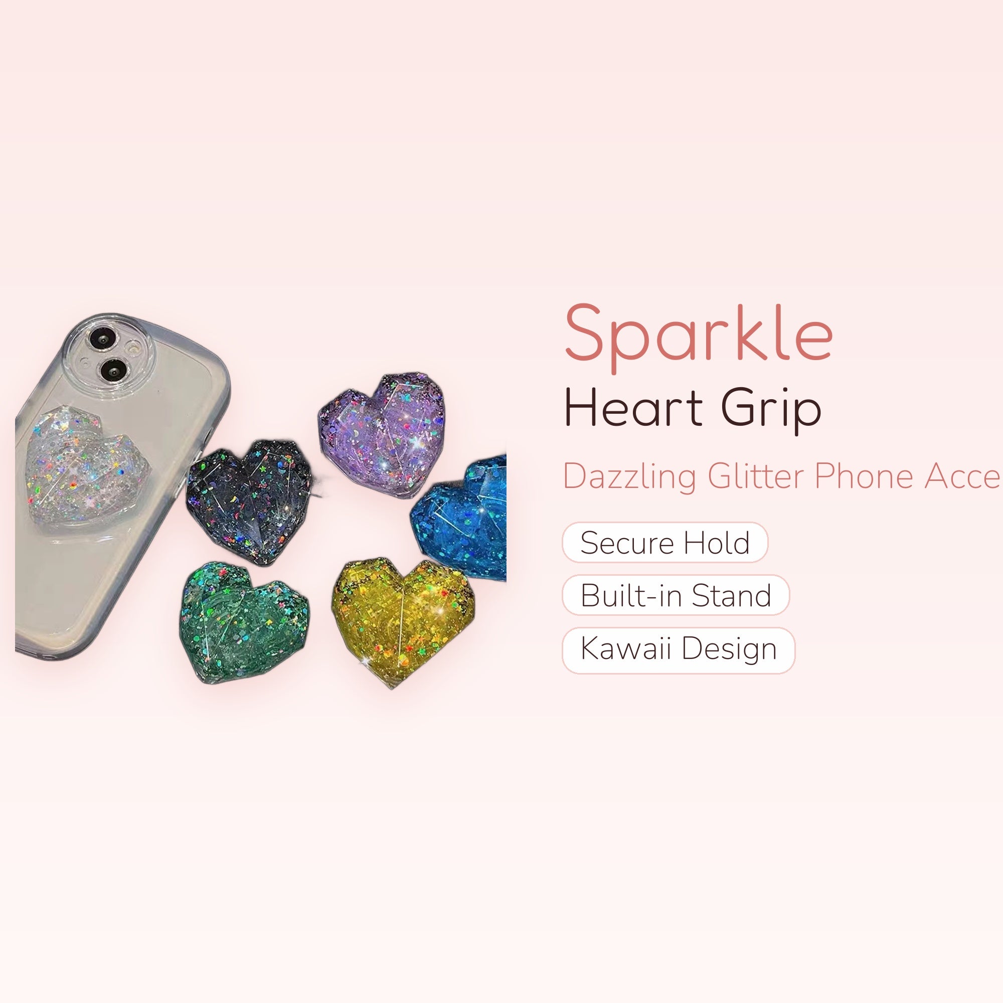 Sparkle Heart Phone Grip Stand | Glitter Pop Socket Holder
