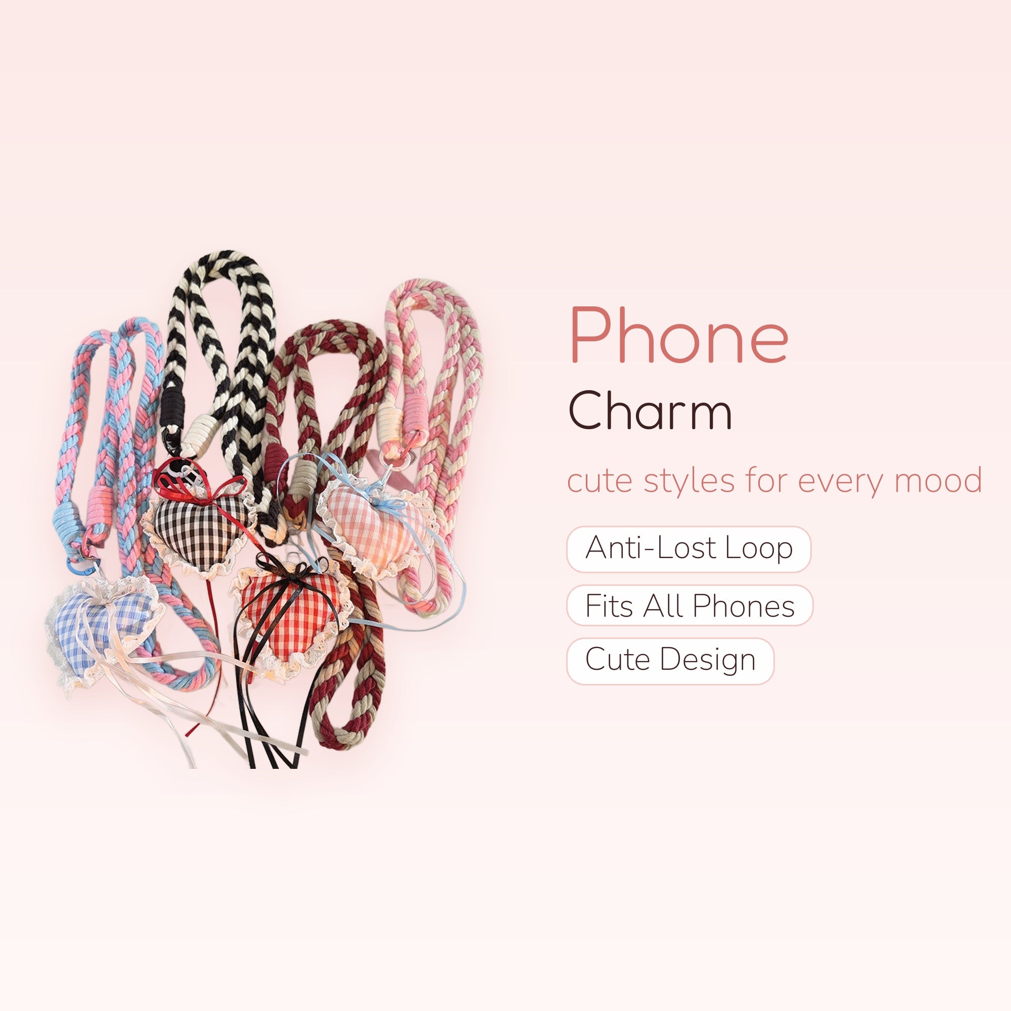 Kawaii Braided Rope Phone Charm Lanyard | Plaid Heart Pouch Wrist Strap