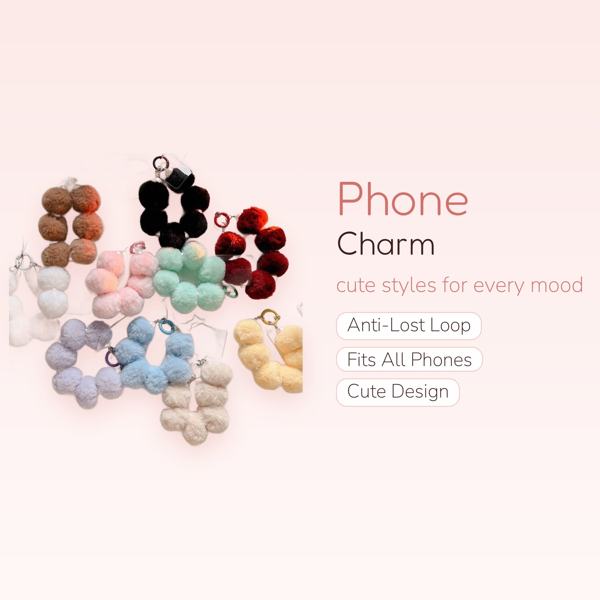 SIMPLYBUBBI — Fluffy Faux Fur Pom Pom Phone Wristlet | Plush Sphere Lanyard