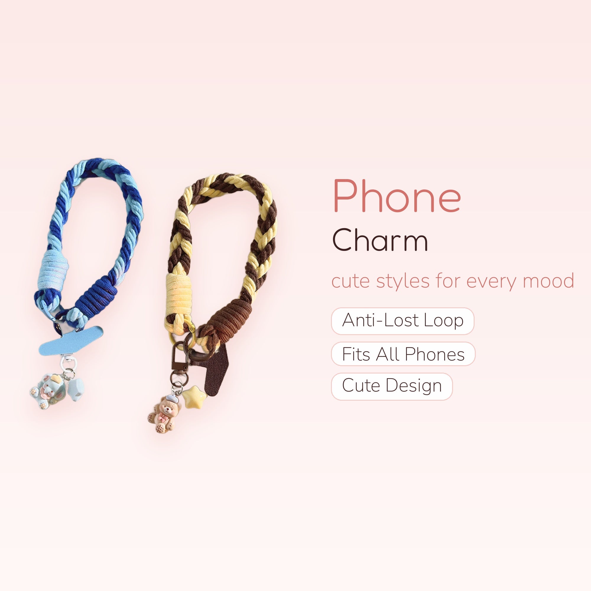 Braided Wrist Phone Charm Strap with Bear & Star Charms | Cute Keychain Lanyard