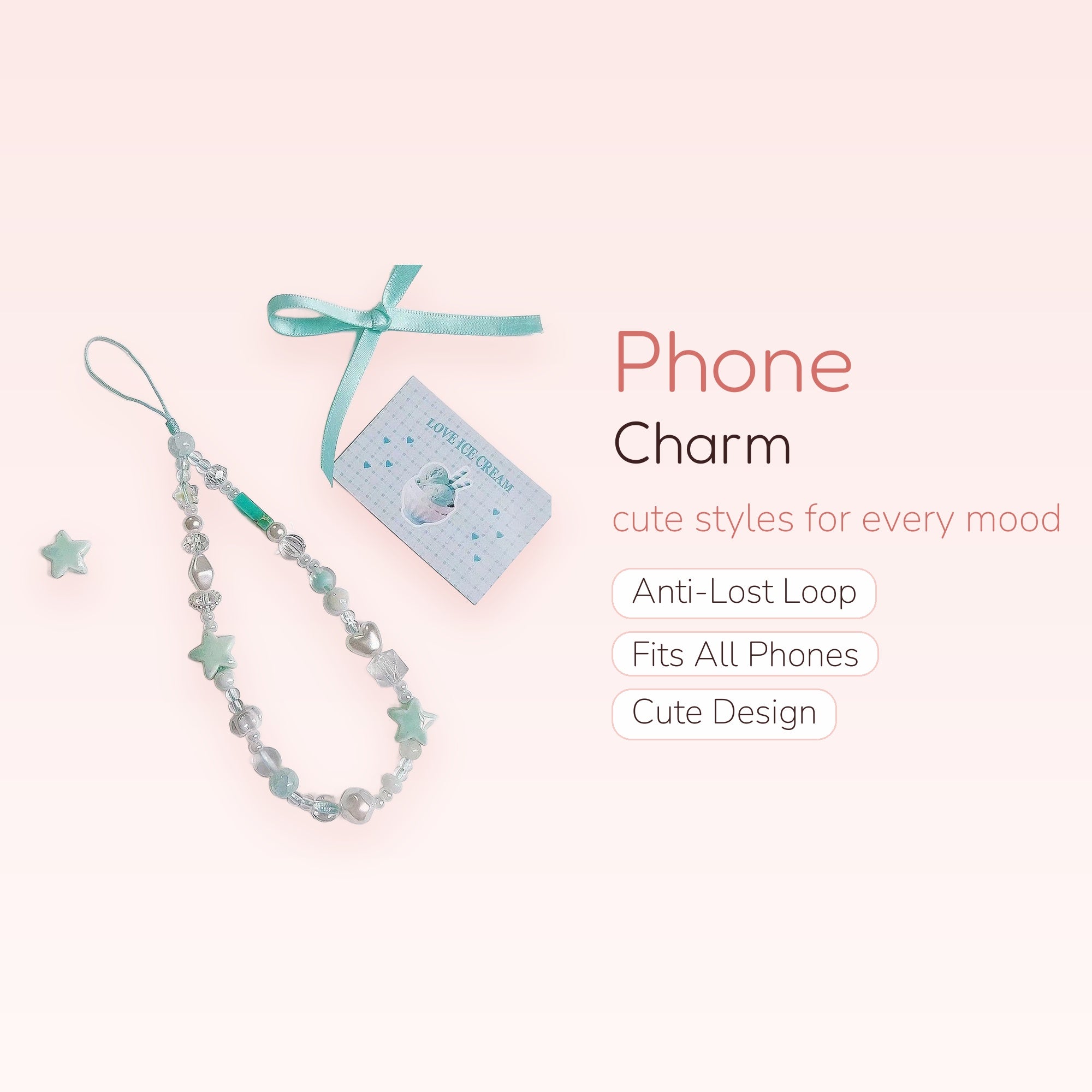 Pastel Blue & Clear Beaded Phone Charm Strap | Kawaii Star & Heart Wrist Lanyard