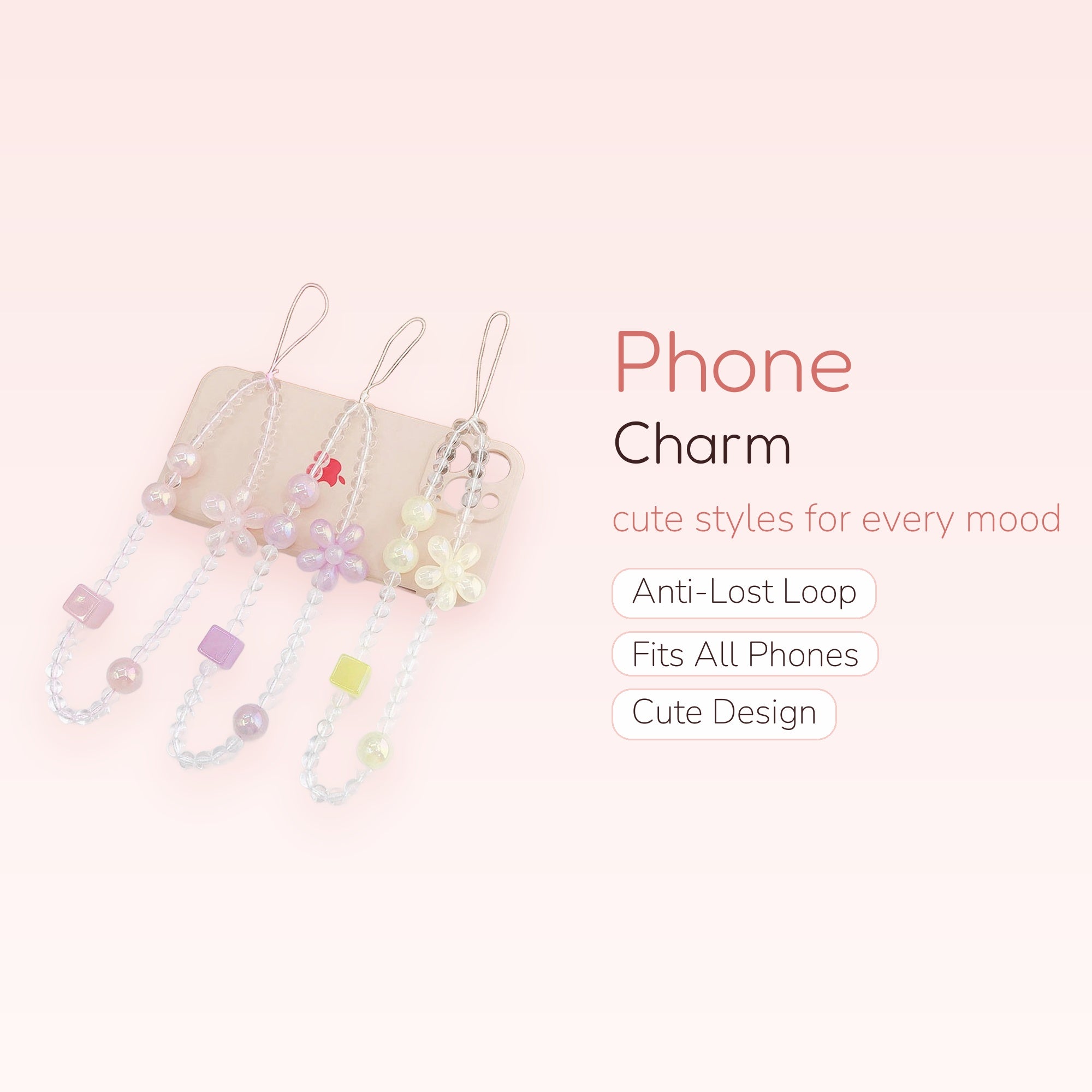 Pastel Flower & Cube Beaded Phone Charm | Aesthetic Clear Crystal Wrist Strap